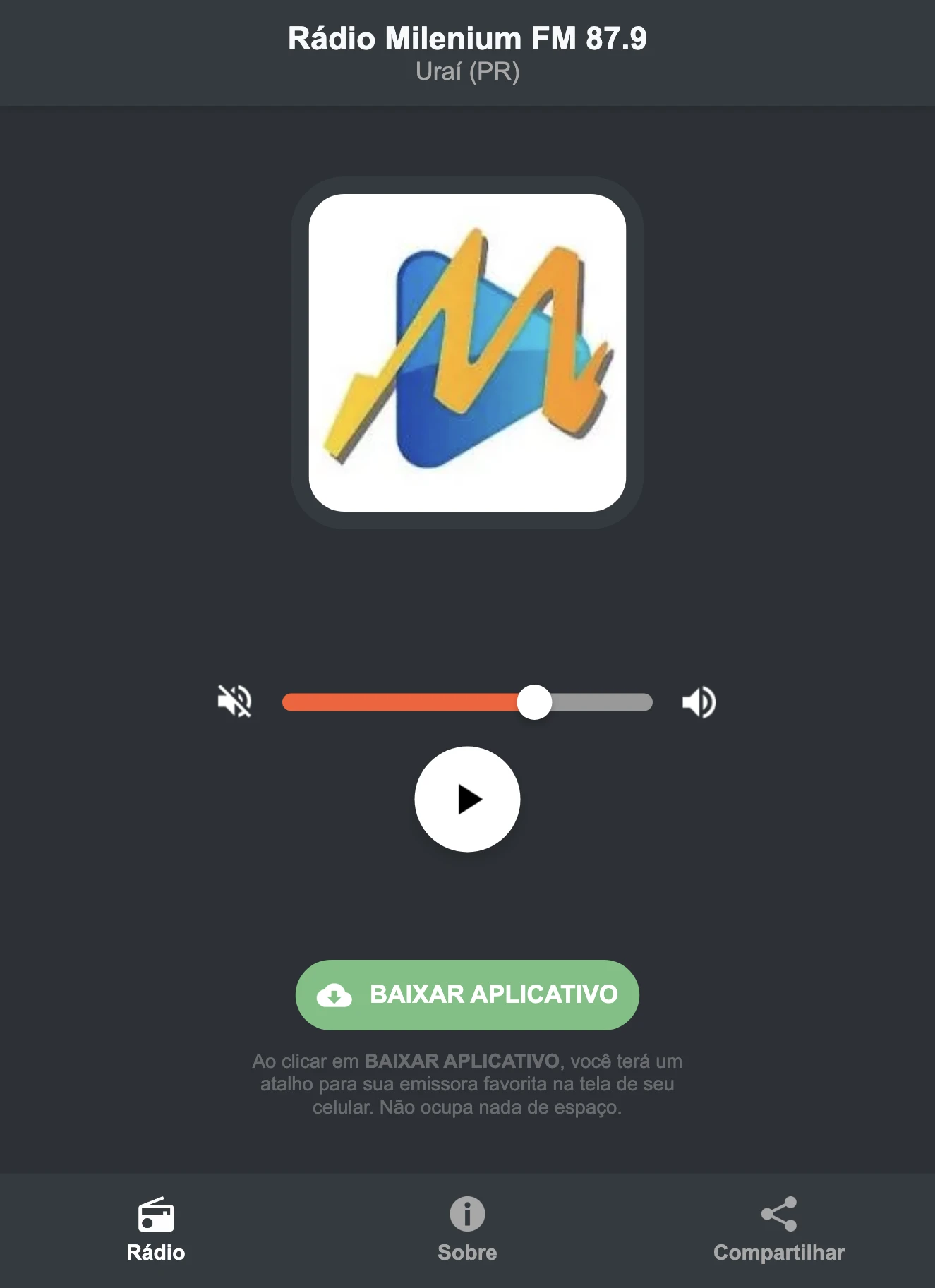 Screenshot do aplicativo da Rádio Milenium FM 87.9