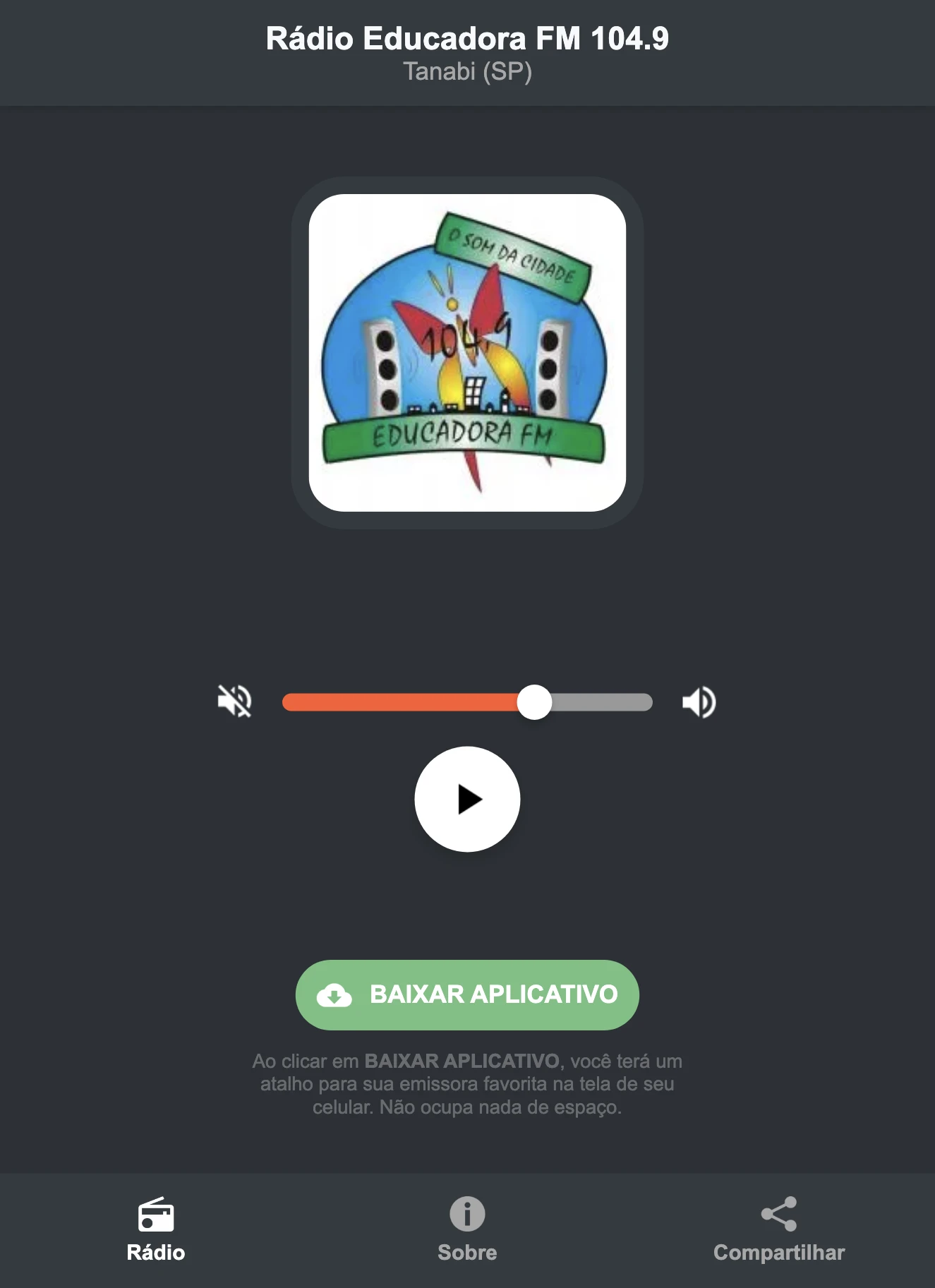 Screenshot do aplicativo da Rádio Educadora FM 104.9