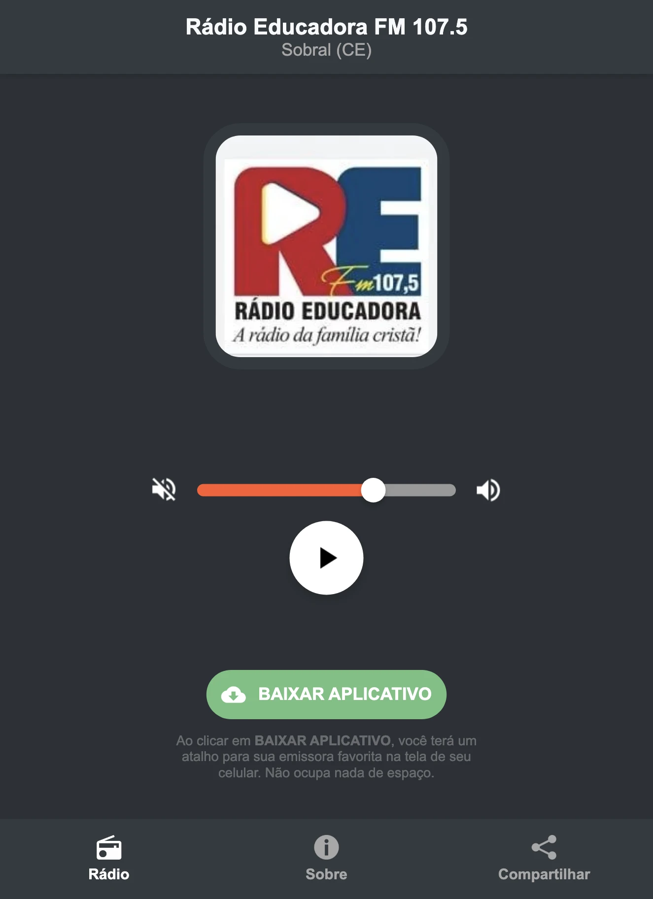 Screenshot do aplicativo da Rádio Educadora FM 107.5