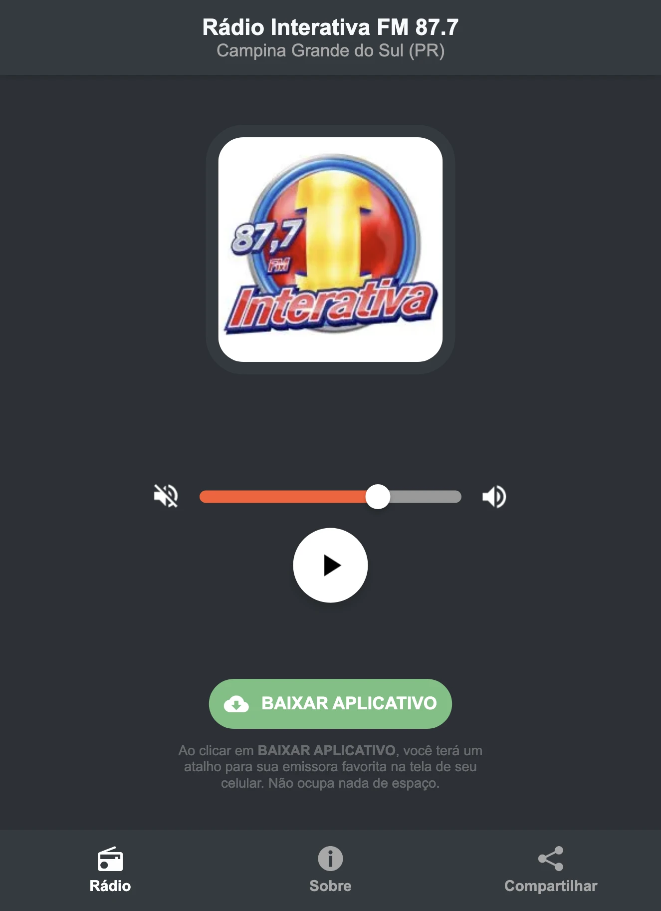 Screenshot do aplicativo da Rádio Interativa FM 87.7