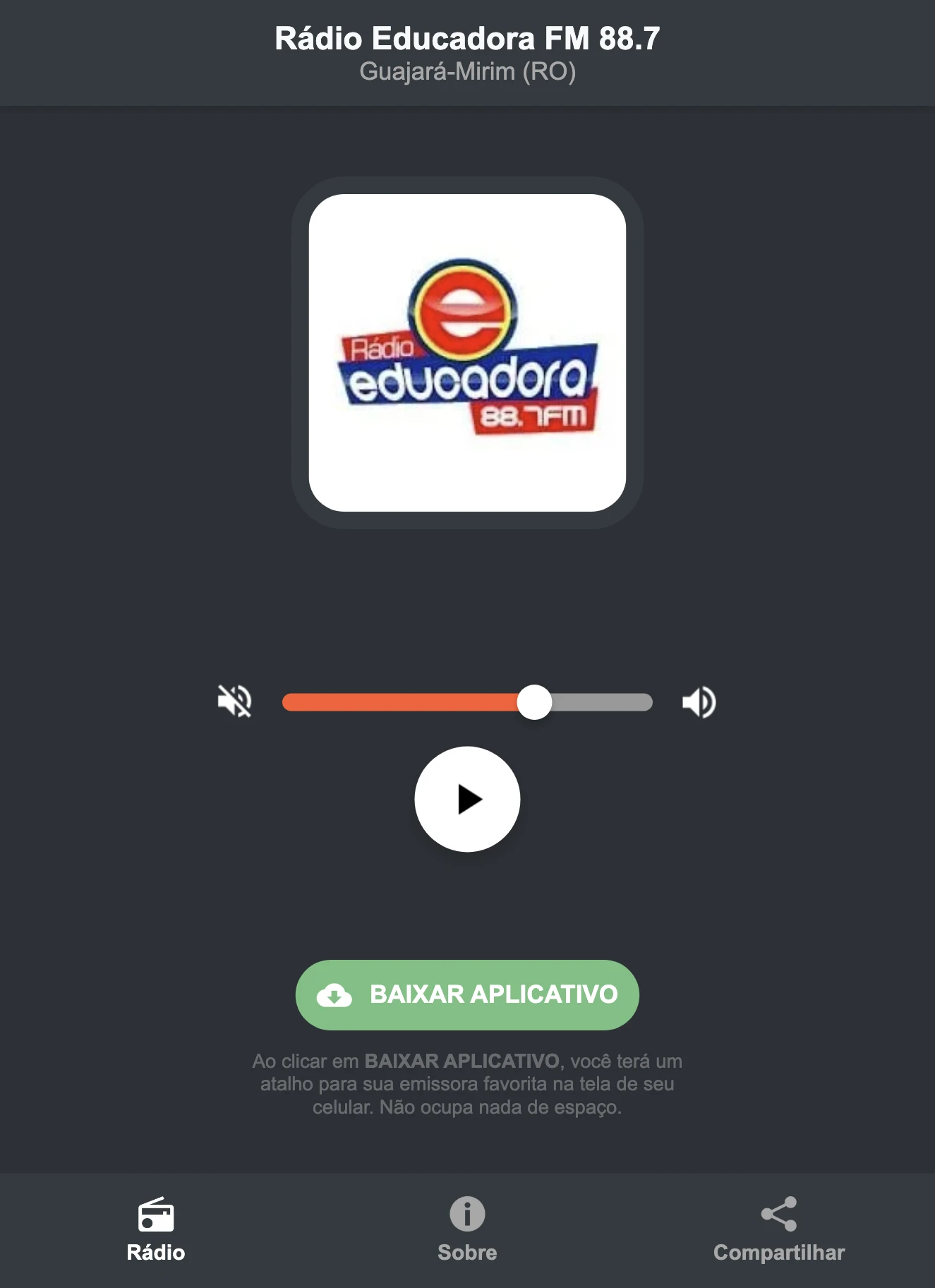 Screenshot do aplicativo da Rádio Educadora FM 88.7