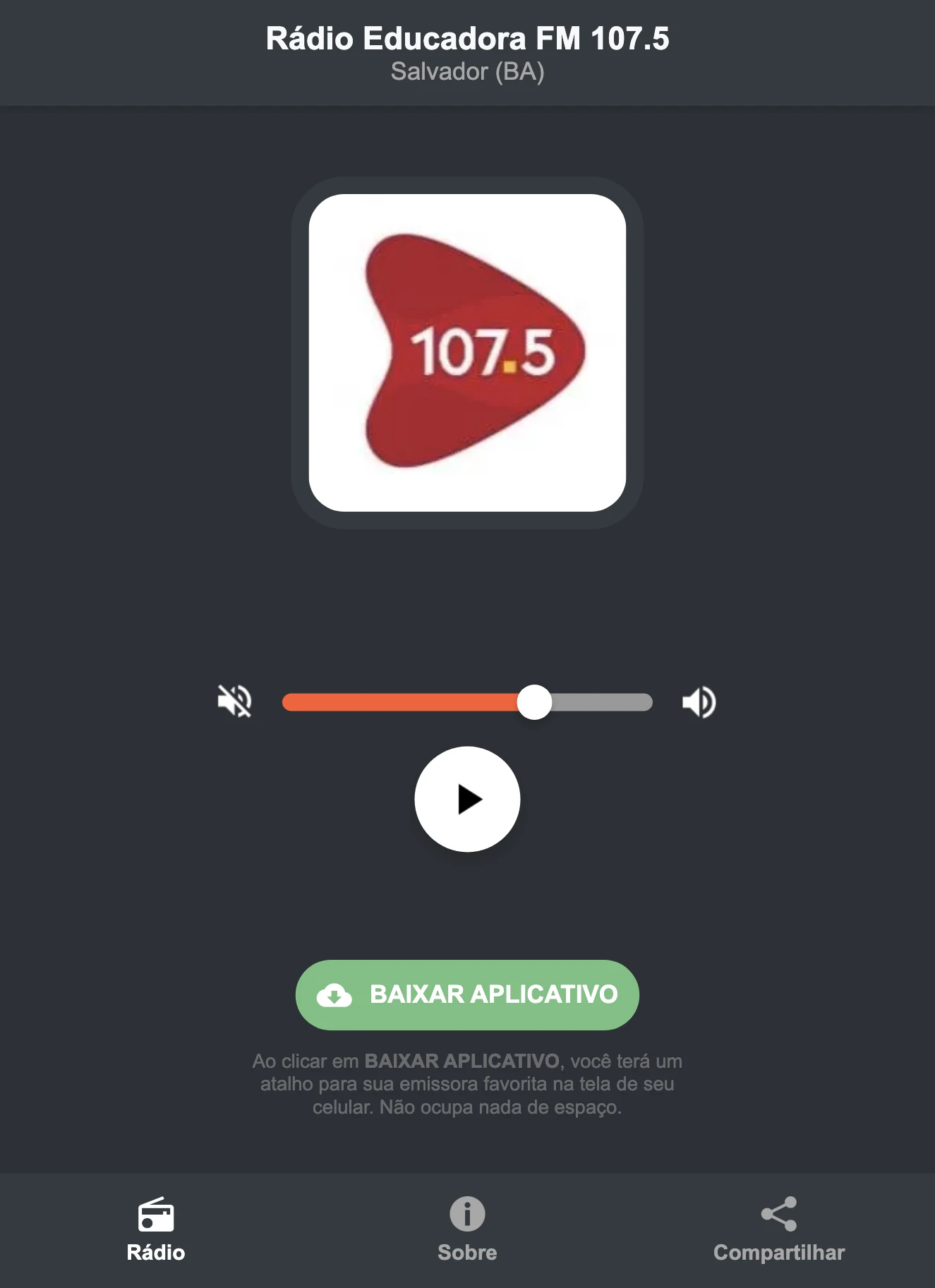 Screenshot do aplicativo da Rádio Educadora FM 107.5