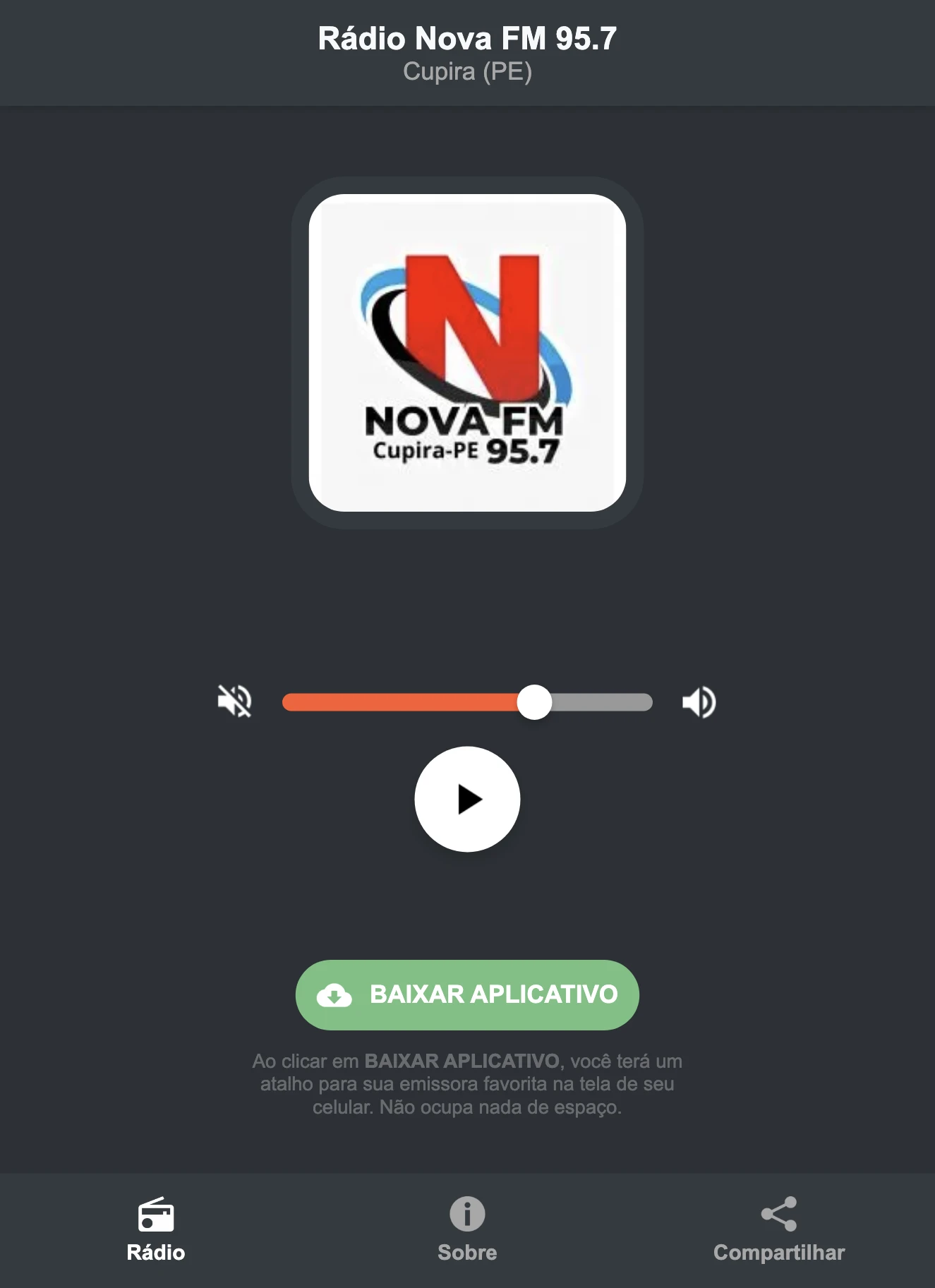 Screenshot do aplicativo da Rádio Nova FM 95.7
