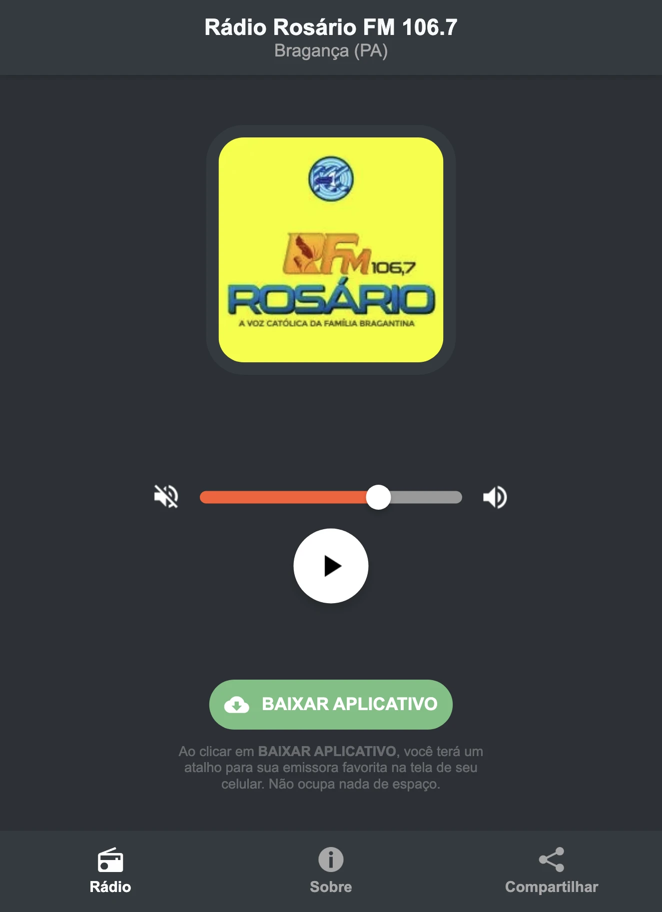 Screenshot do aplicativo da Rádio Rosário FM 106.7
