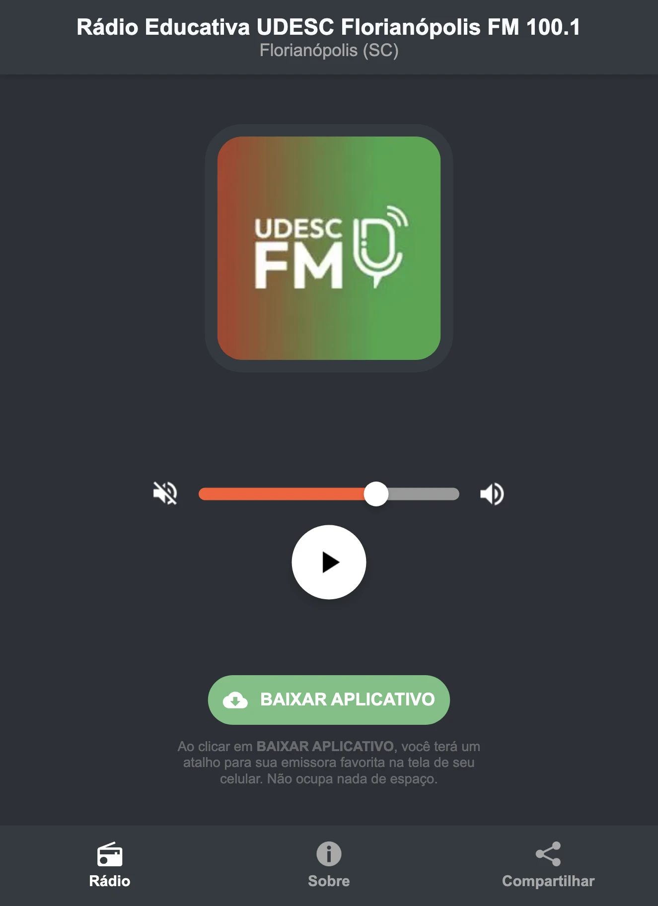 Screenshot do aplicativo da Rádio Educativa UDESC Florianópolis FM 100.1