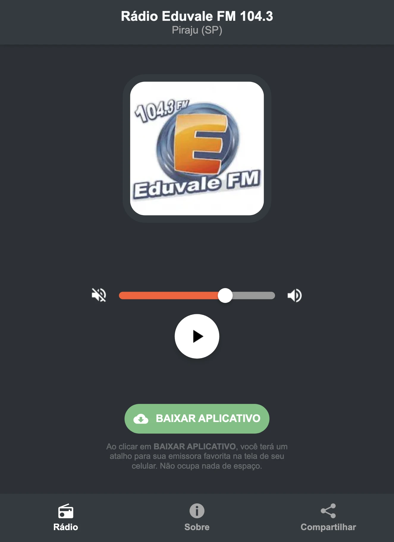 Screenshot do aplicativo da Rádio Eduvale FM 104.3