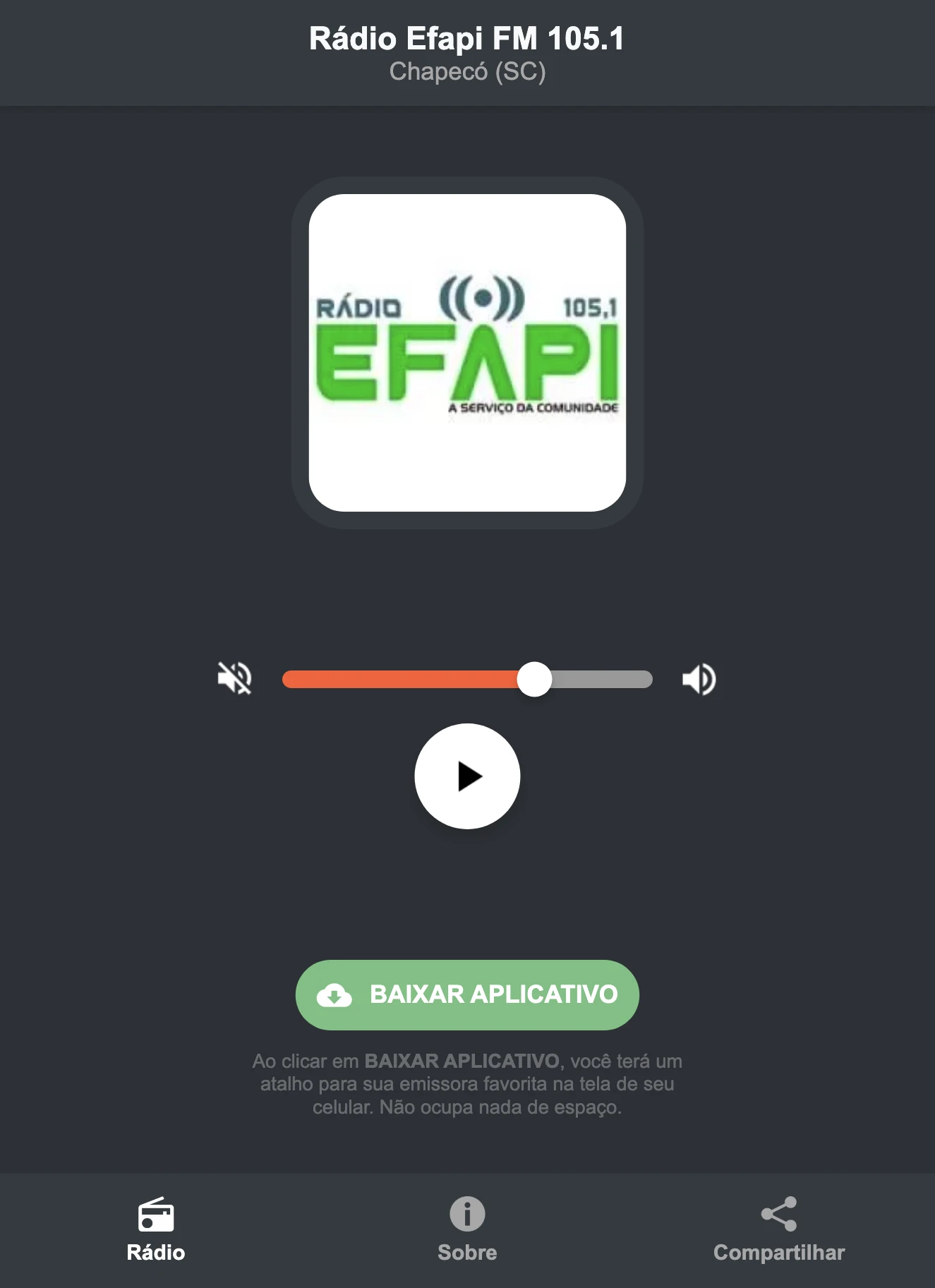 Screenshot do aplicativo da Rádio Efapi FM 105.1