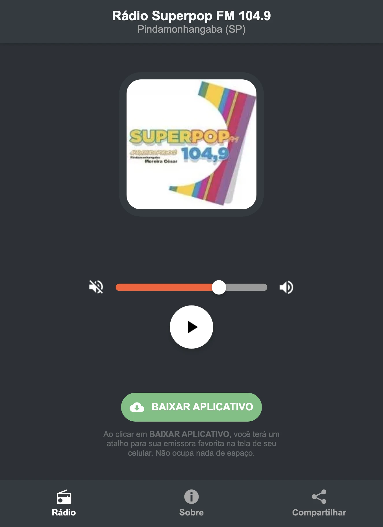 Screenshot do aplicativo da Rádio Superpop FM 104.9