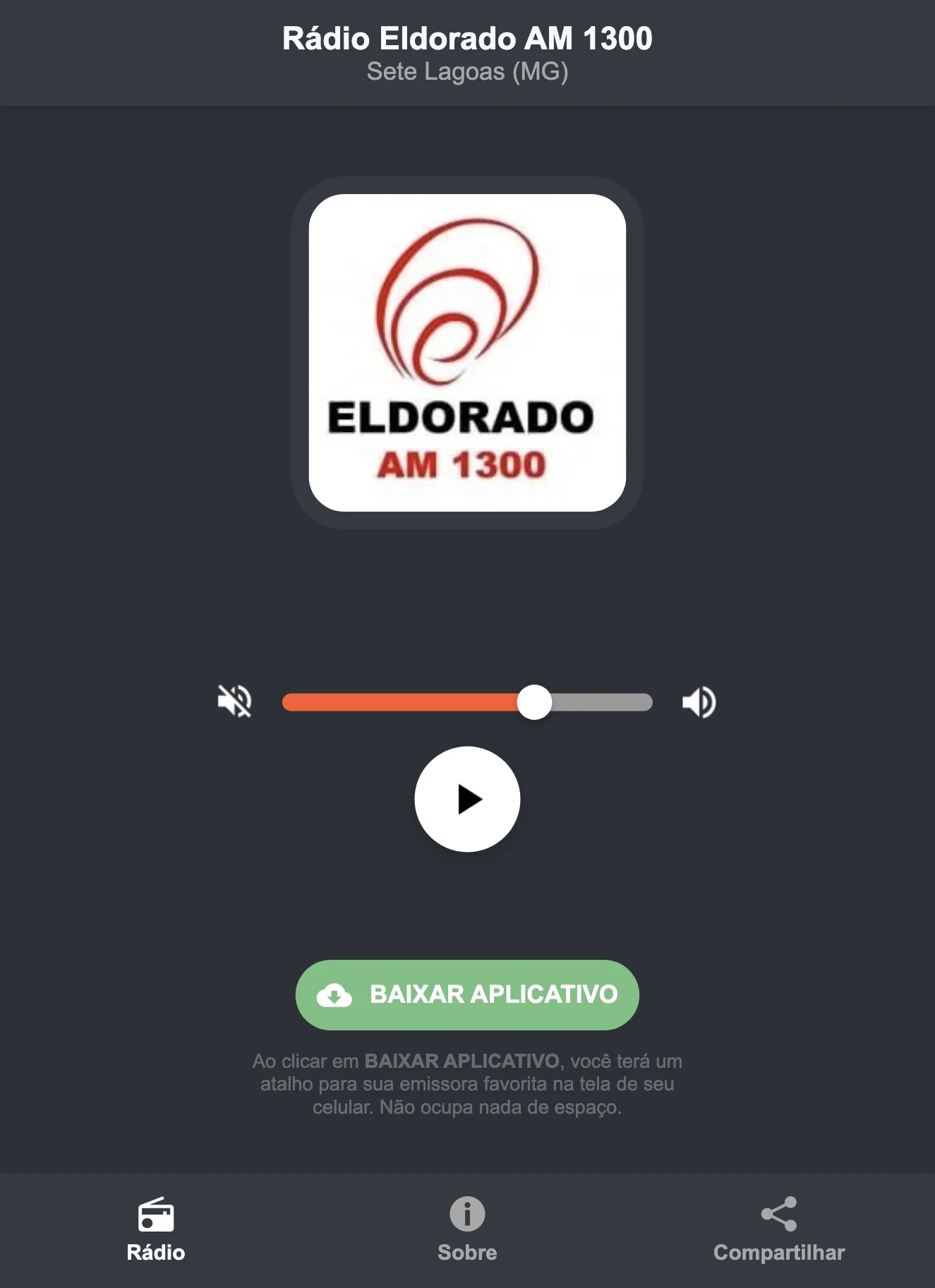 Screenshot do aplicativo da Rádio Eldorado AM 1300