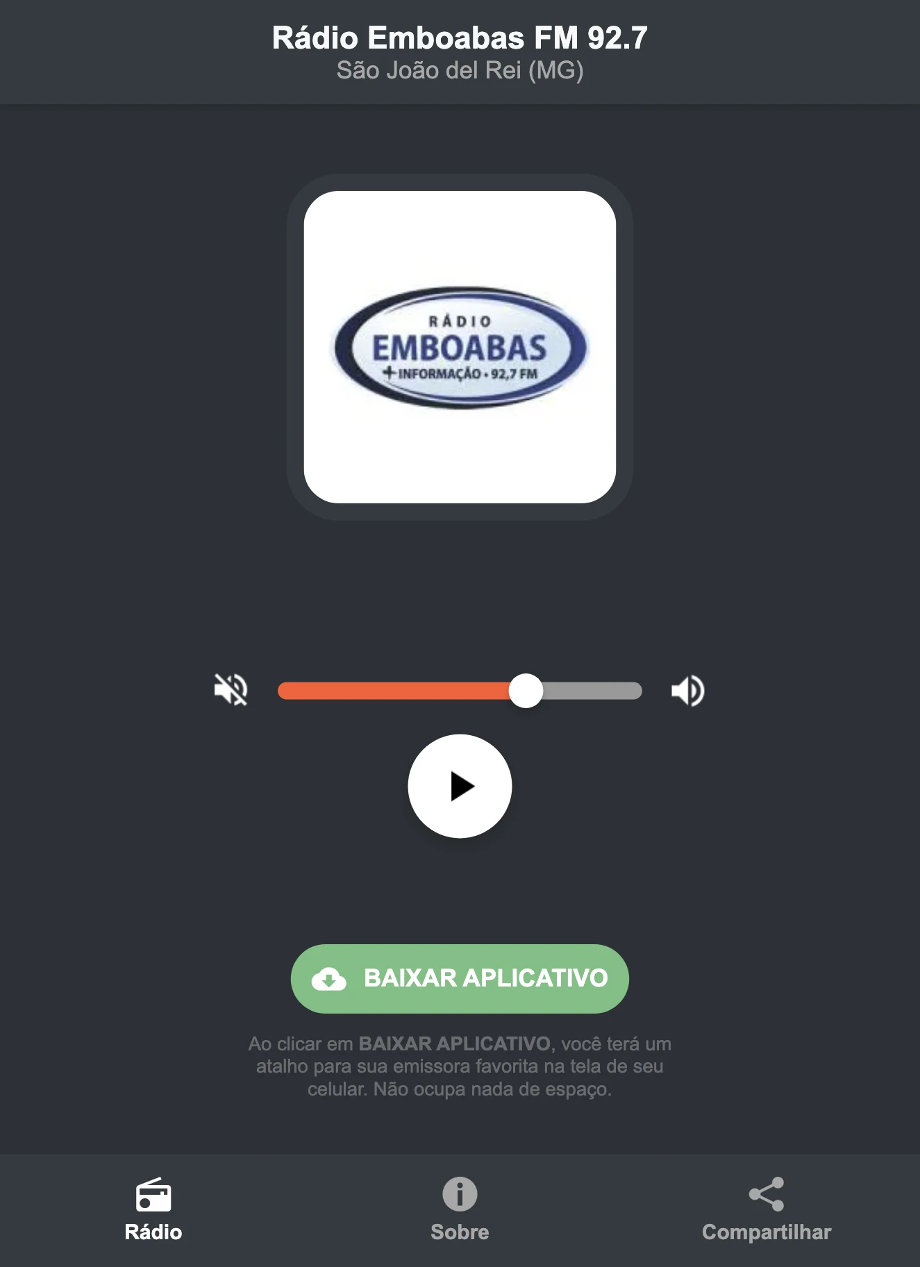 Screenshot do aplicativo da Rádio Emboabas FM 92.7
