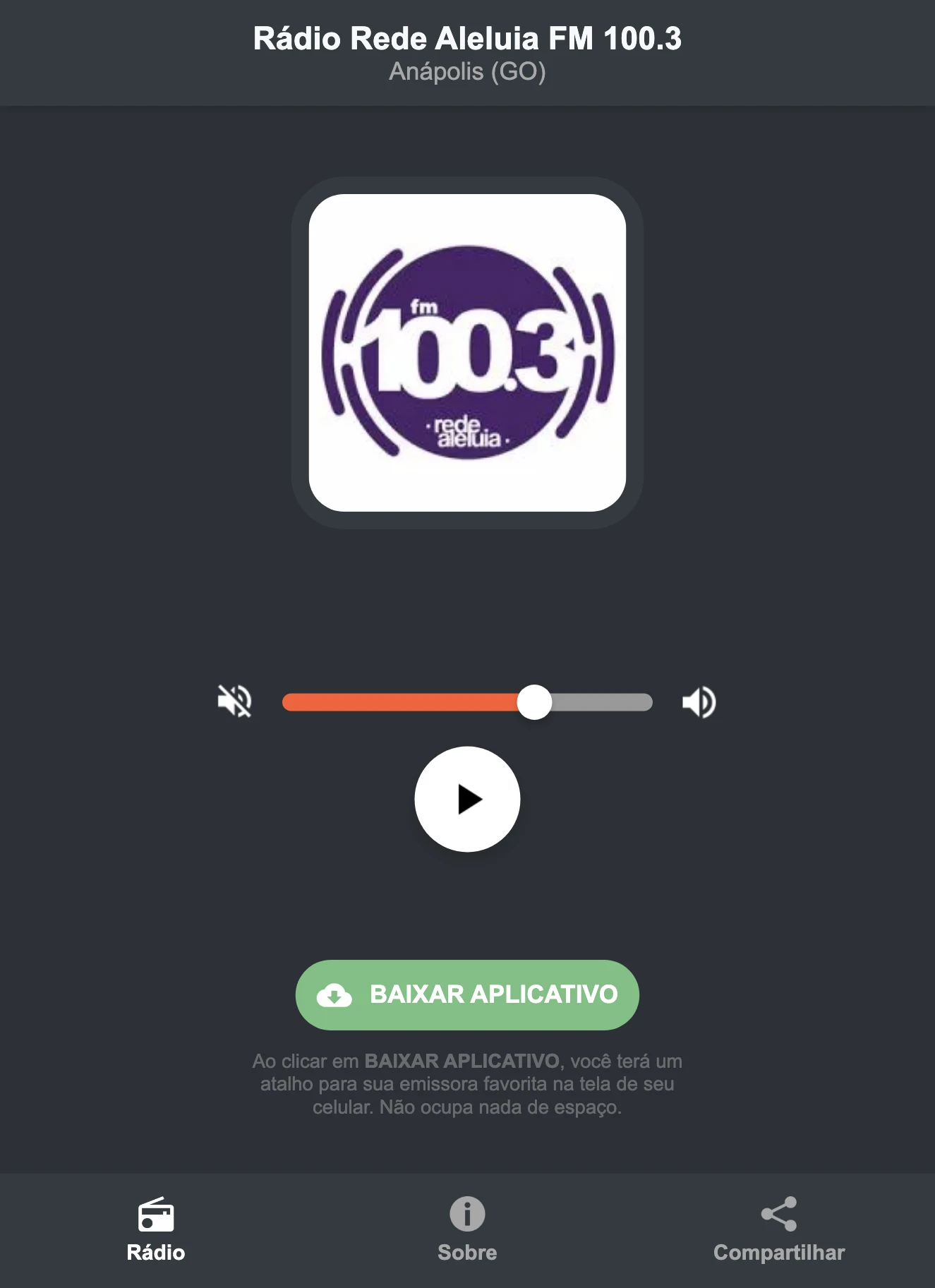 Screenshot do aplicativo da Rádio Rede Aleluia FM 100.3