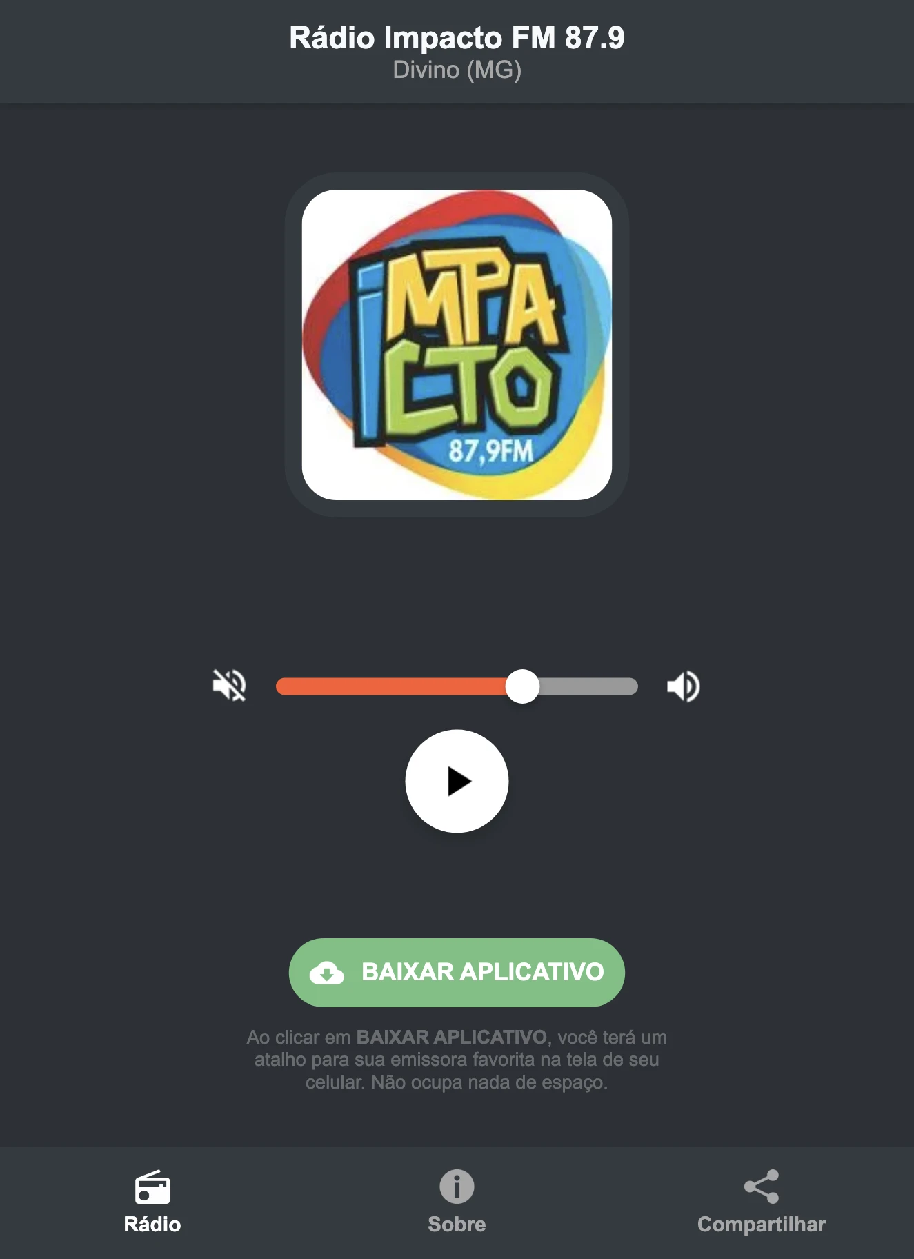 Screenshot do aplicativo da Rádio Impacto FM 87.9