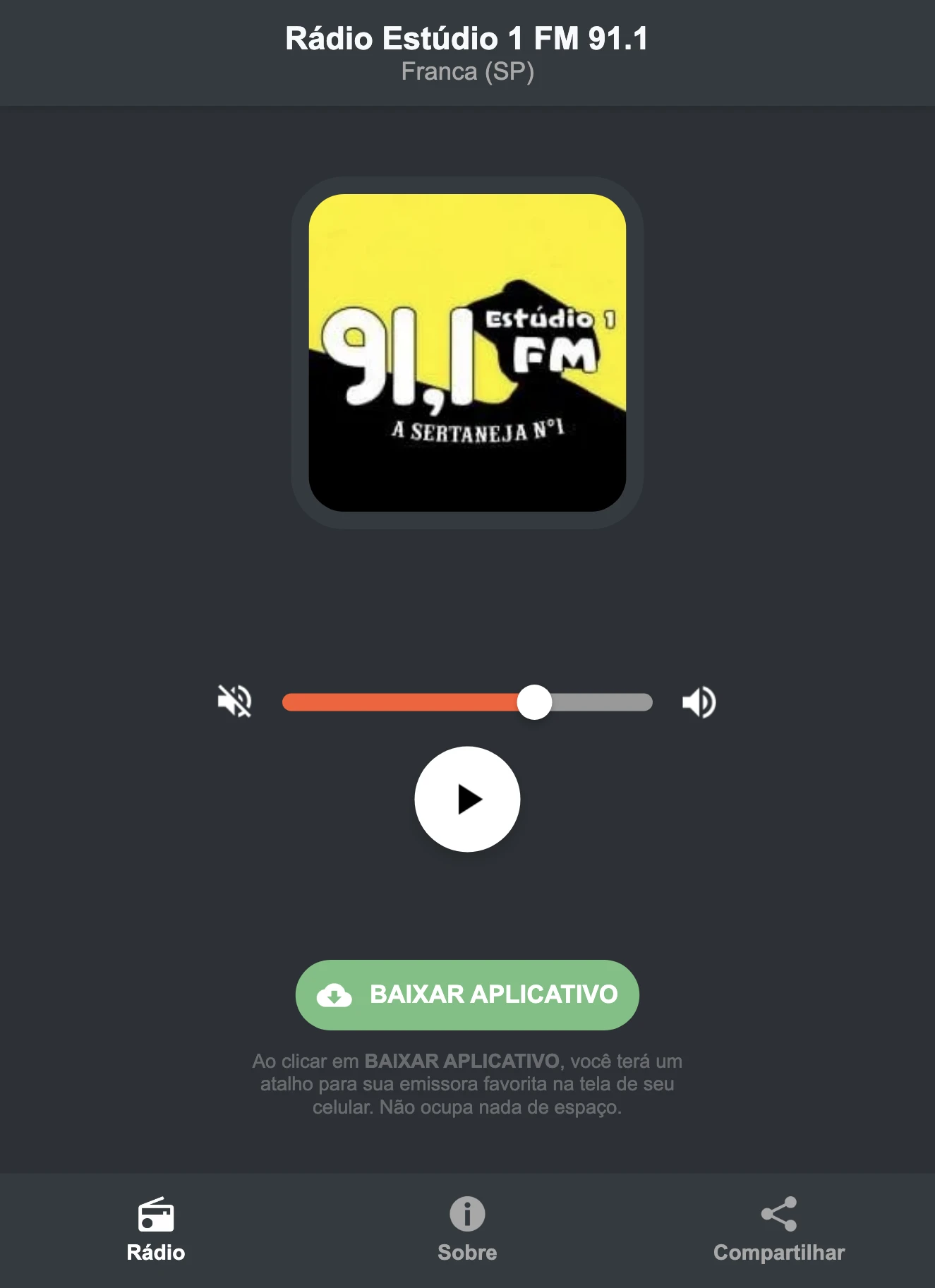 Screenshot do aplicativo da Rádio Estúdio 1 FM 91.1