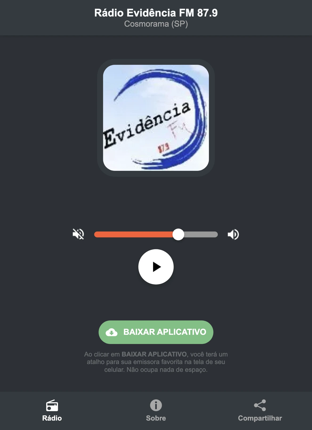 Screenshot do aplicativo da Rádio Evidência FM 87.9