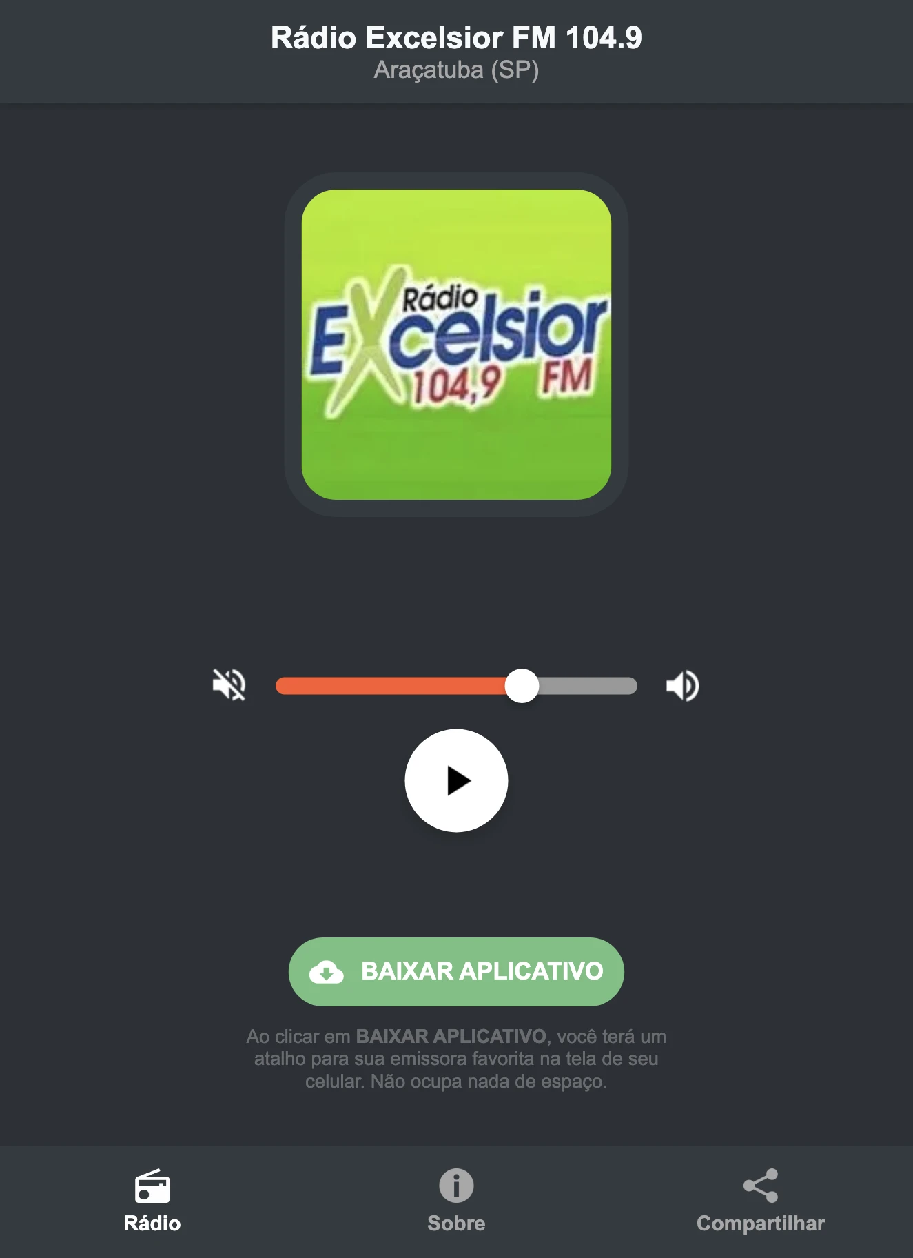Screenshot do aplicativo da Rádio Excelsior FM 104.9