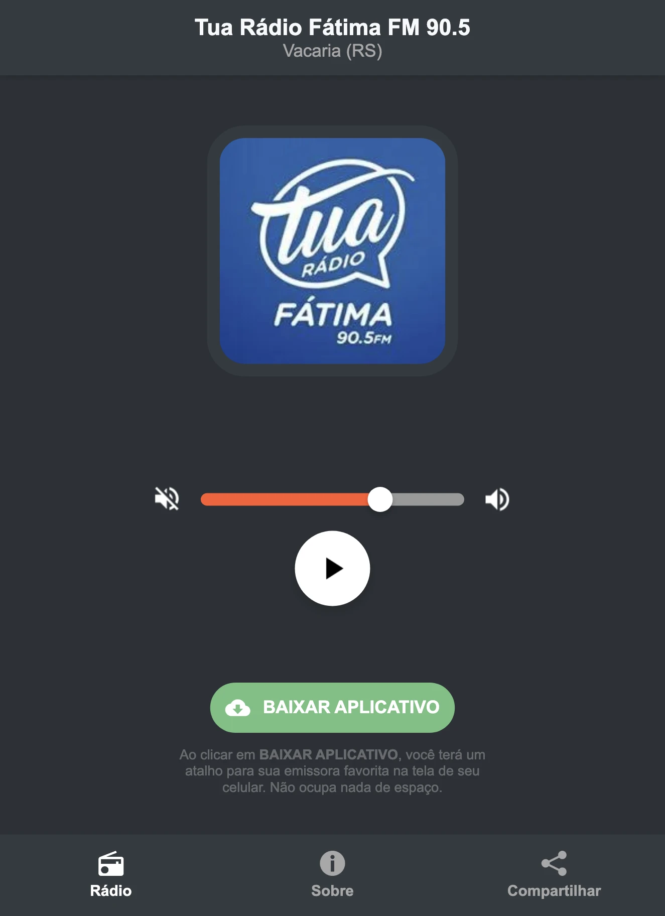 Screenshot do aplicativo da Tua Rádio Fátima FM 90.5