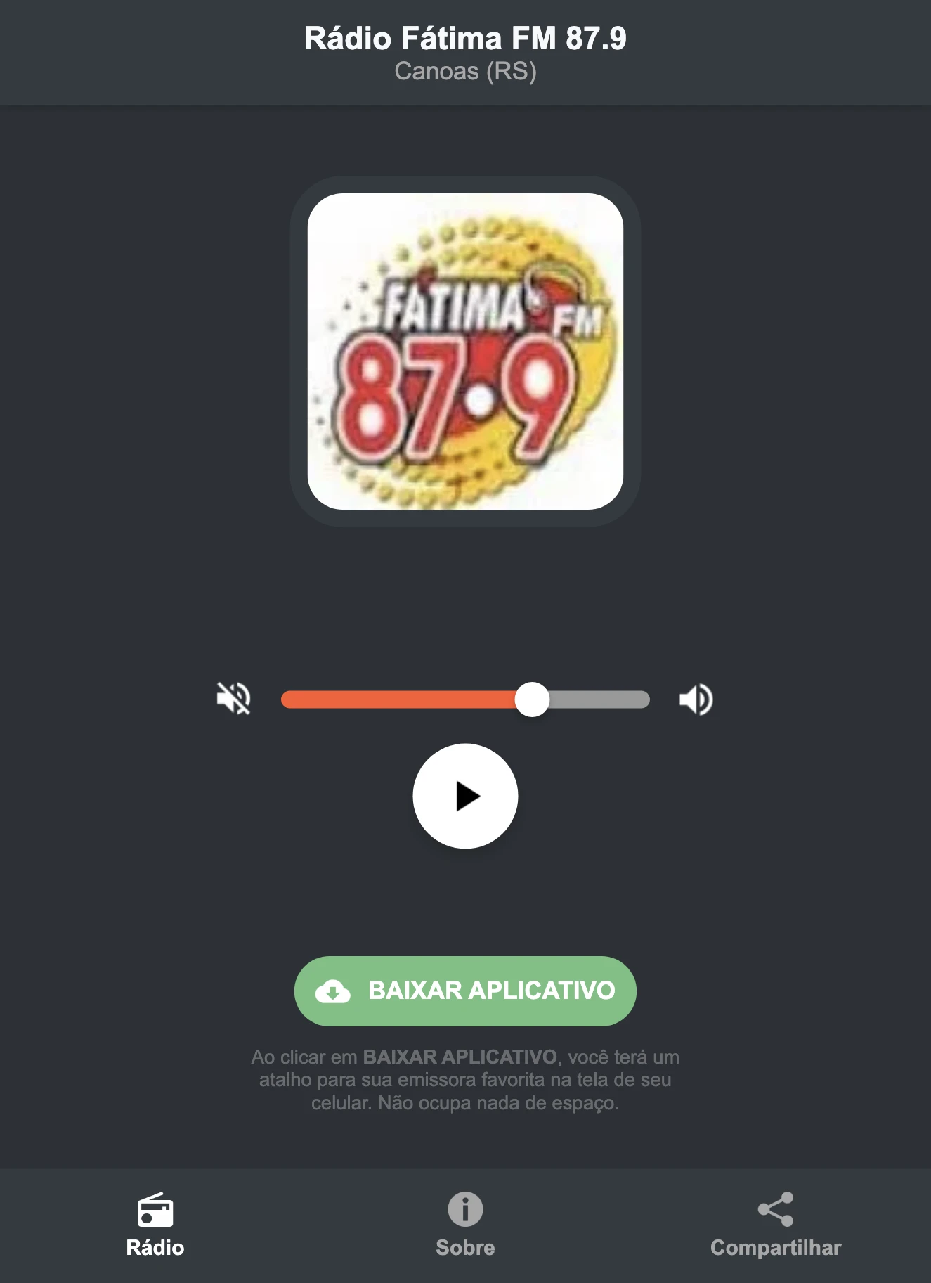 Screenshot do aplicativo da Rádio Fátima FM 87.9