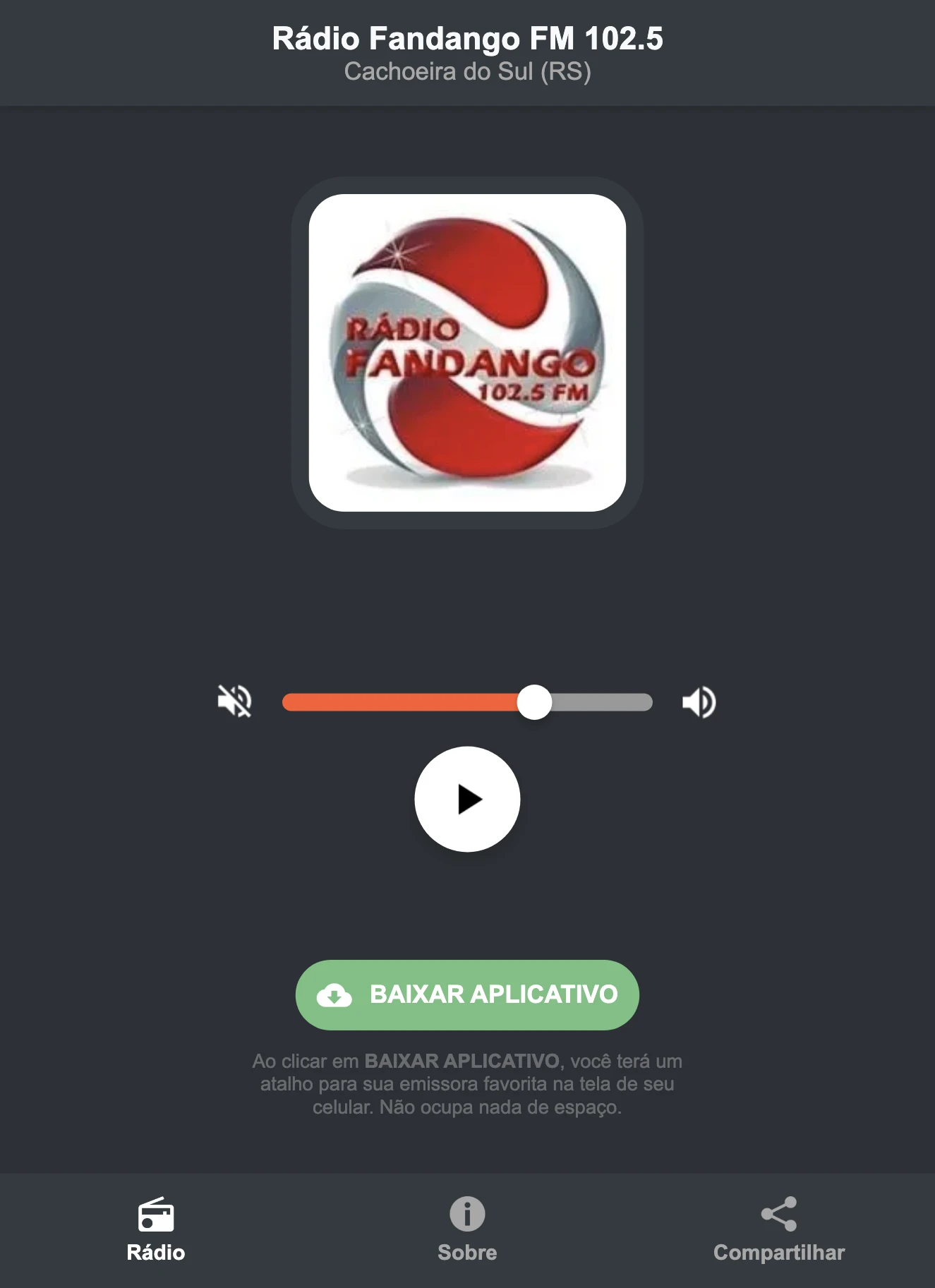 Screenshot do aplicativo da Rádio Fandango FM 102.5