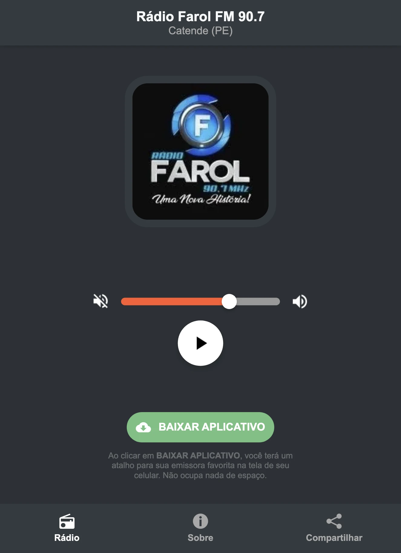 Screenshot do aplicativo da Rádio Farol FM 90.7