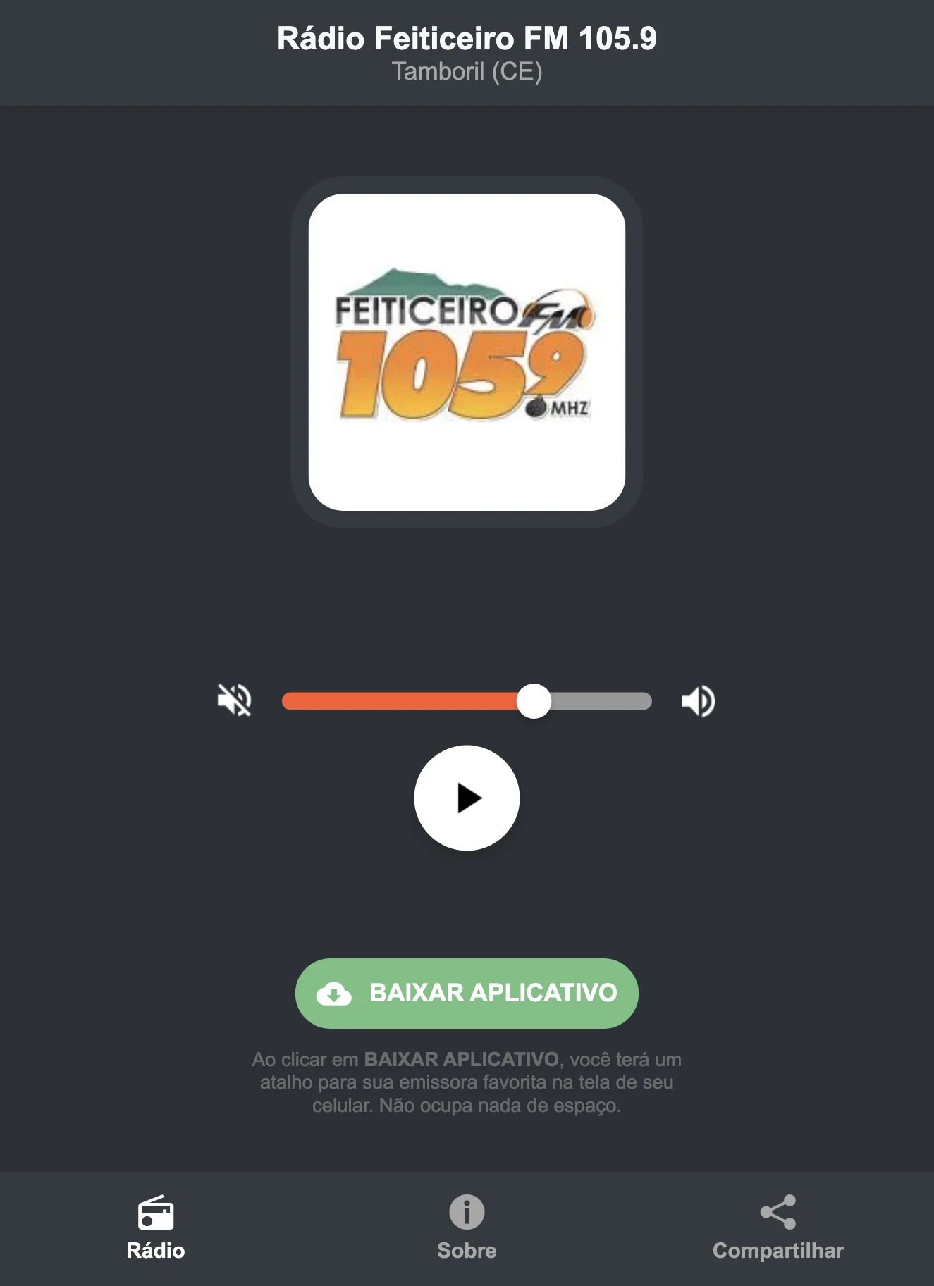 Screenshot do aplicativo da Rádio Feiticeiro FM 105.9