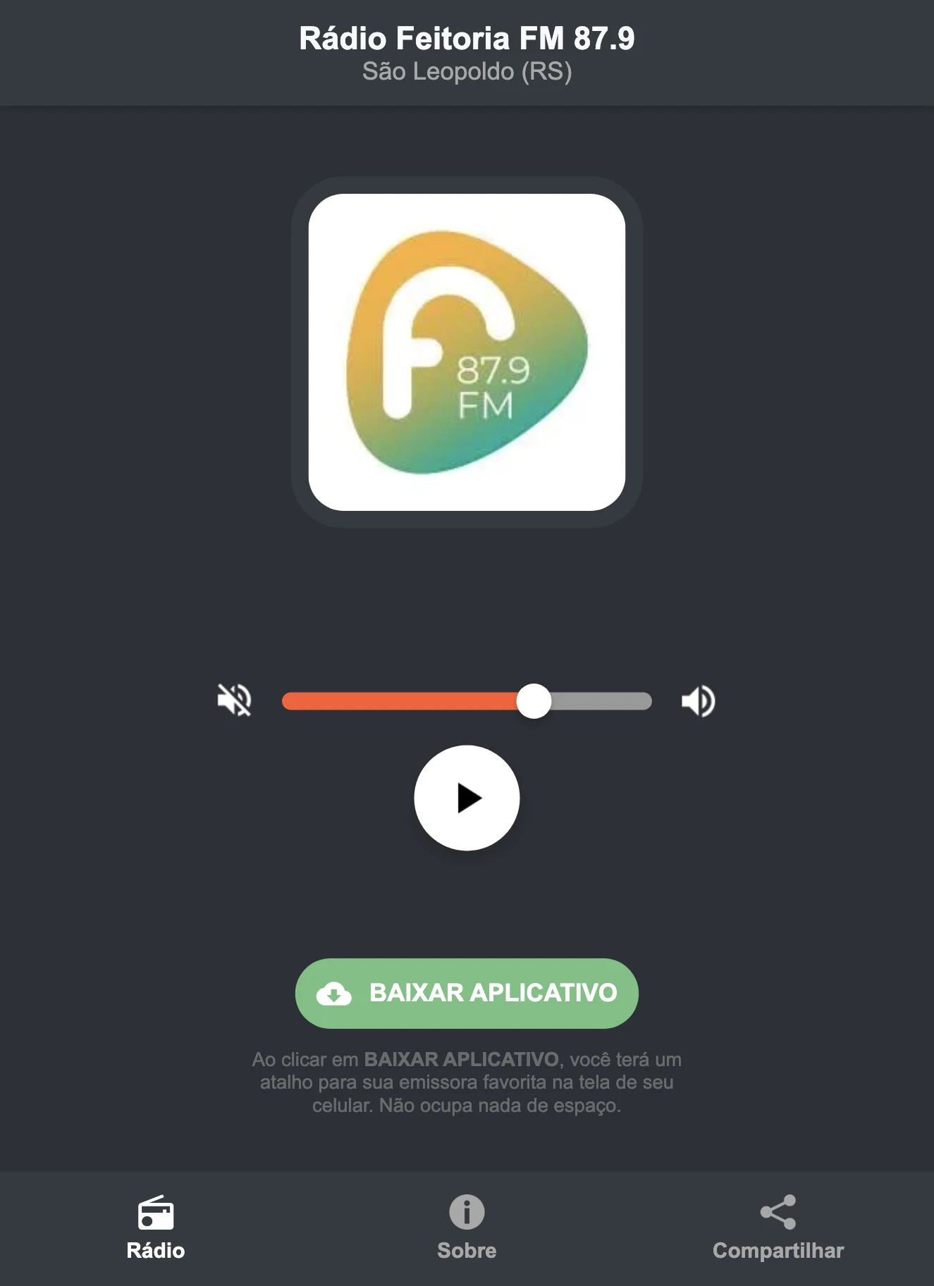 Screenshot do aplicativo da Rádio Feitoria FM 87.9