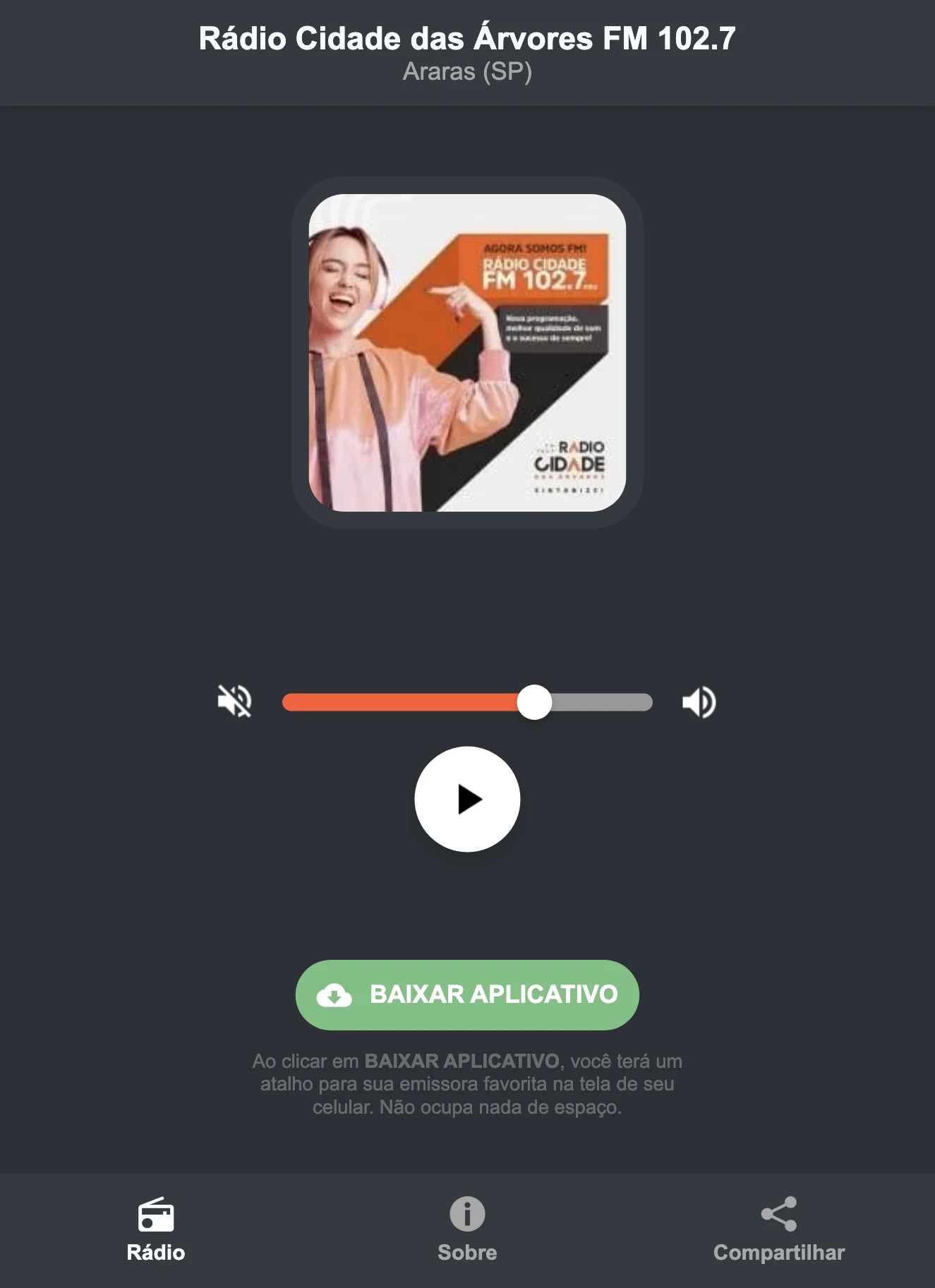 Screenshot do aplicativo da Rádio Cidade das Árvores FM 102.7