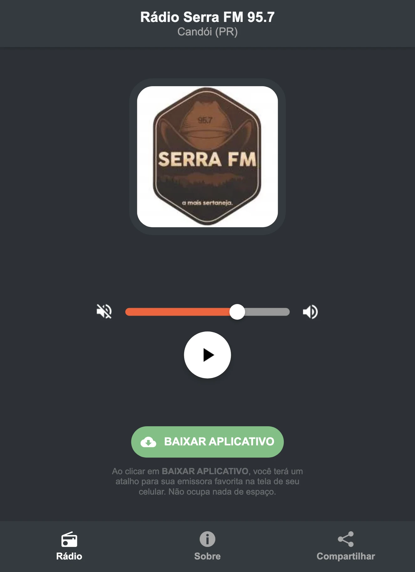Screenshot do aplicativo da Rádio Serra FM 95.7