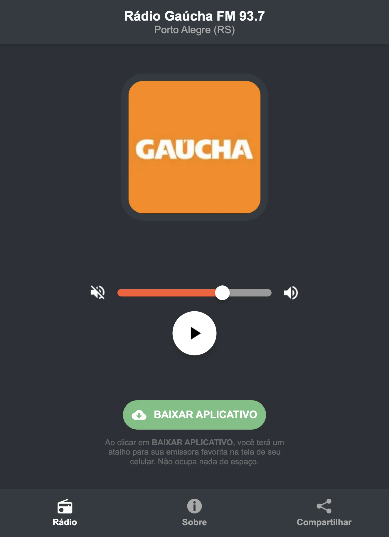 Screenshot do aplicativo da Rádio Gaúcha FM 93.7