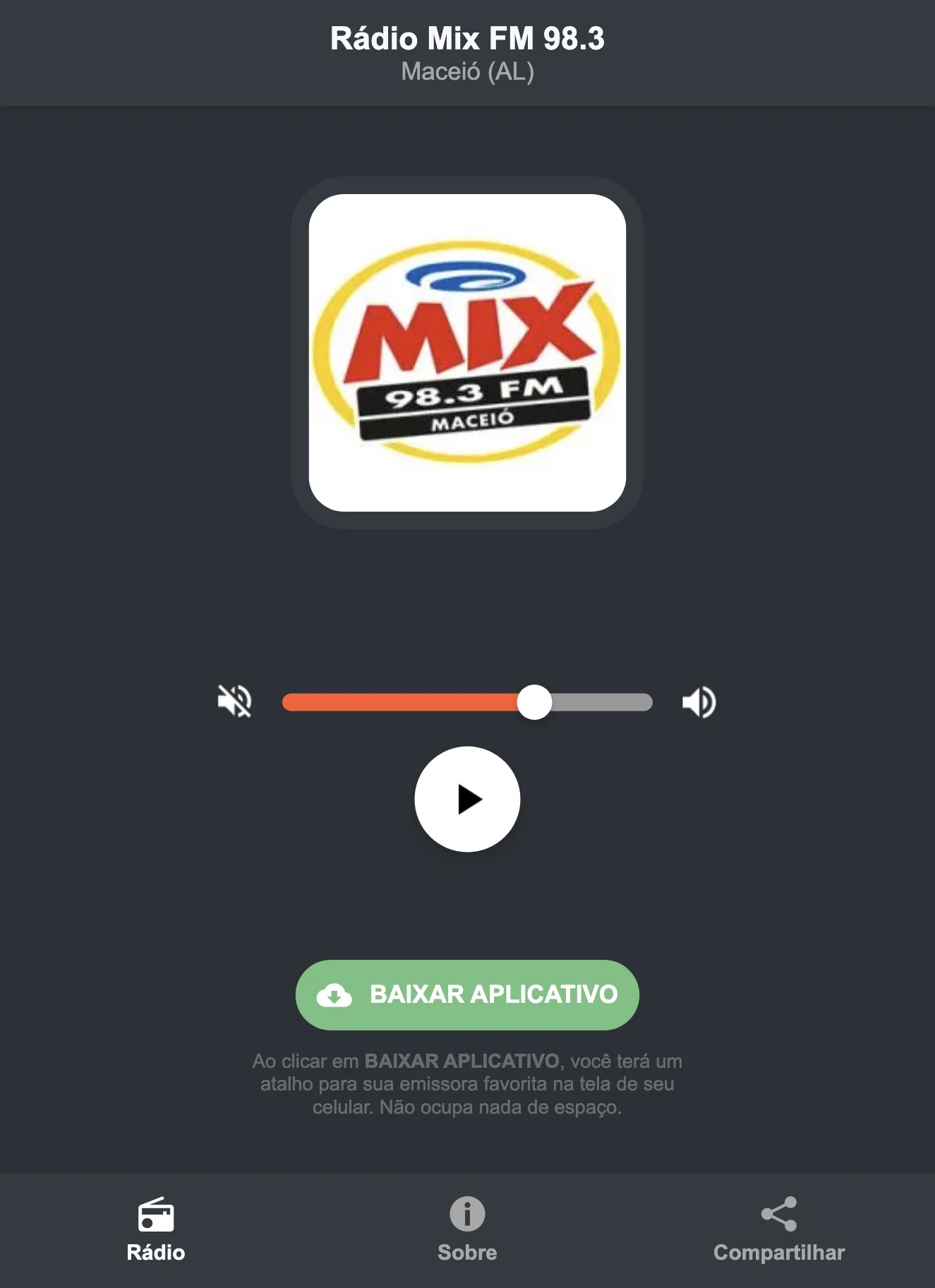 Screenshot do aplicativo da Rádio Mix FM 98.3