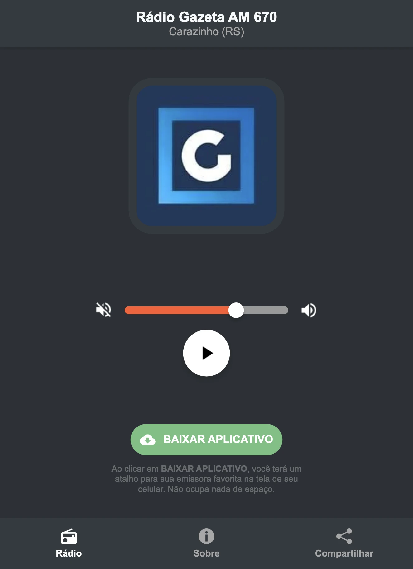 Screenshot do aplicativo da Rádio Gazeta AM 670