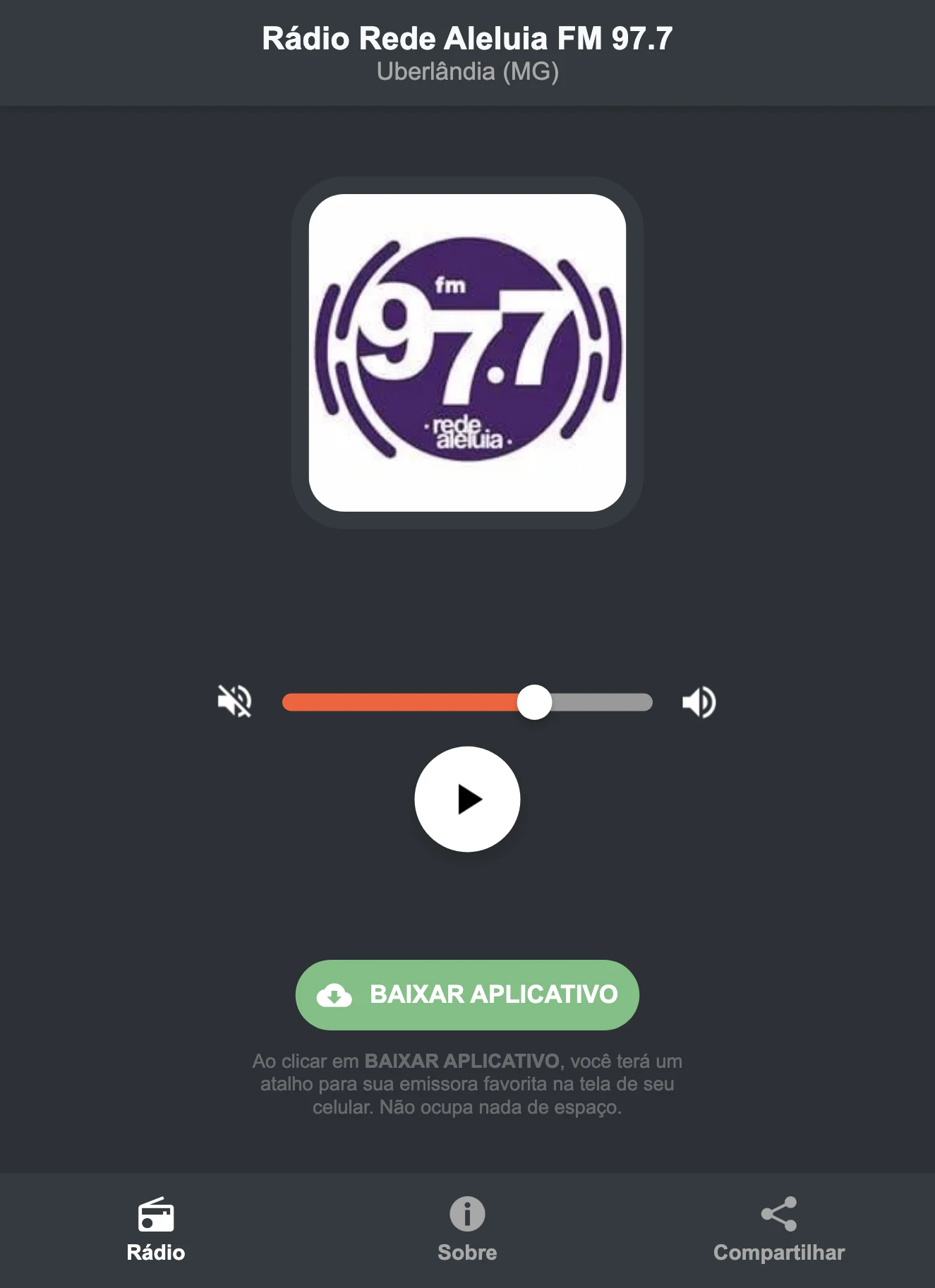 Screenshot do aplicativo da Rádio Rede Aleluia FM 97.7