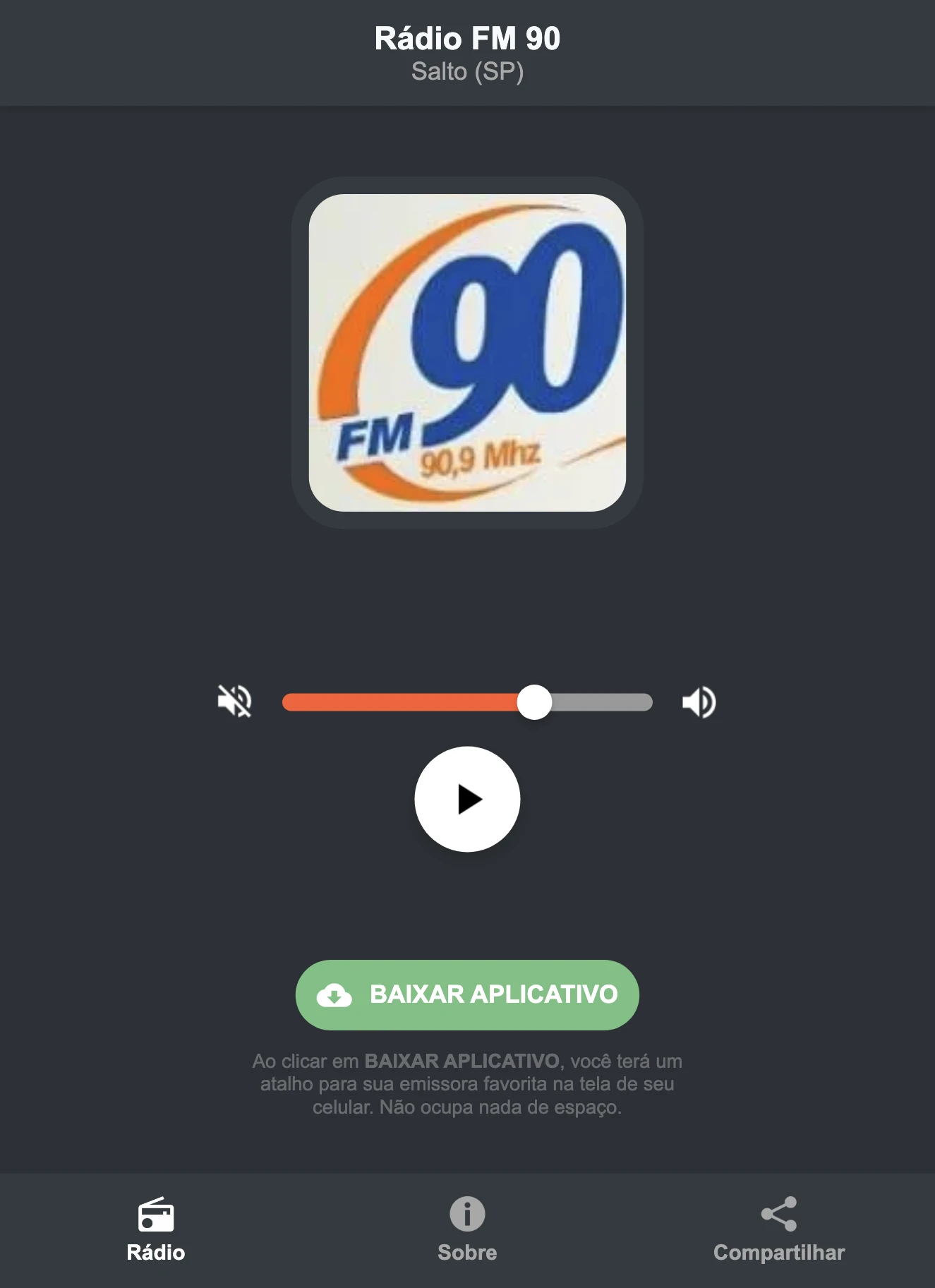 Screenshot do aplicativo da Rádio FM 90