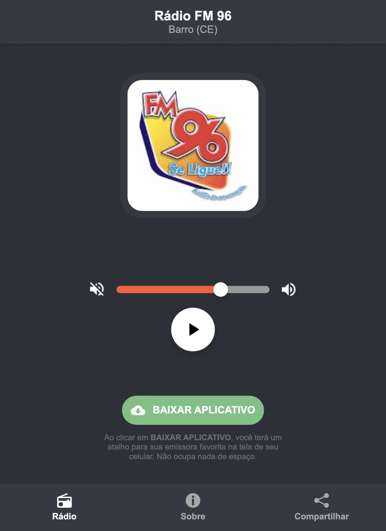 Screenshot do aplicativo da Rádio FM 96