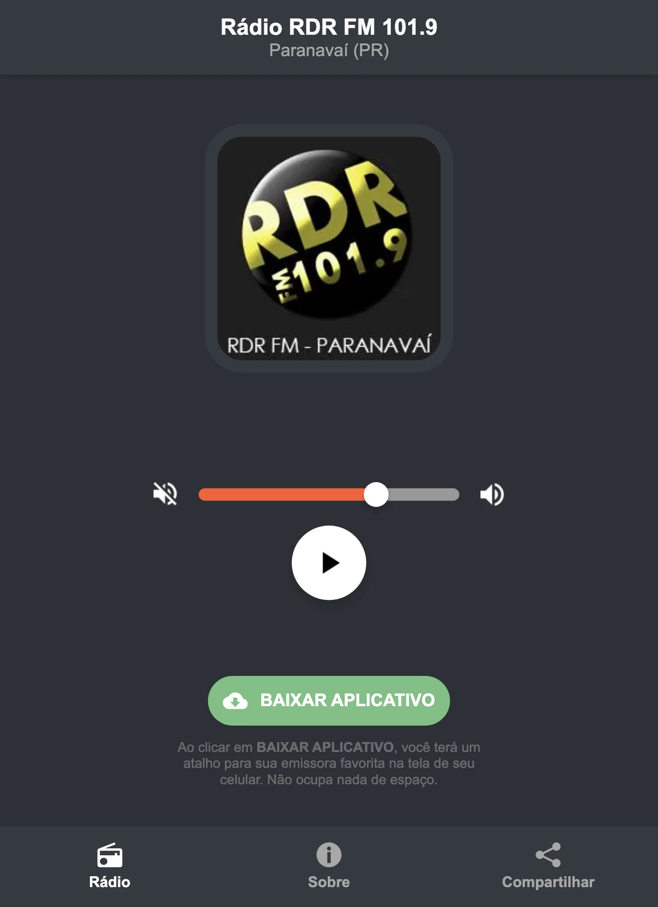 Screenshot do aplicativo da Rádio RDR FM 101.9