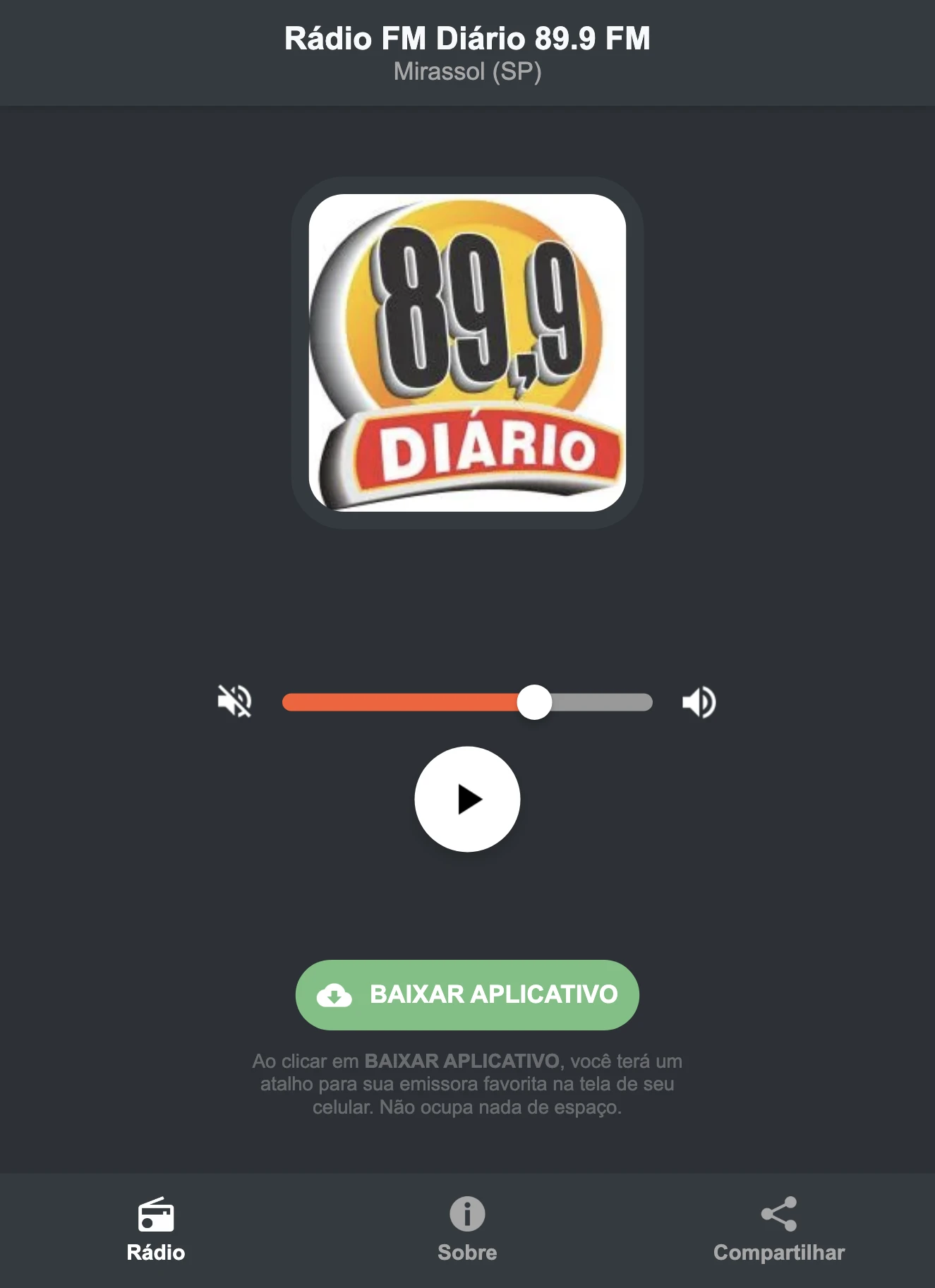 Screenshot do aplicativo da Rádio FM Diário 89.9 FM