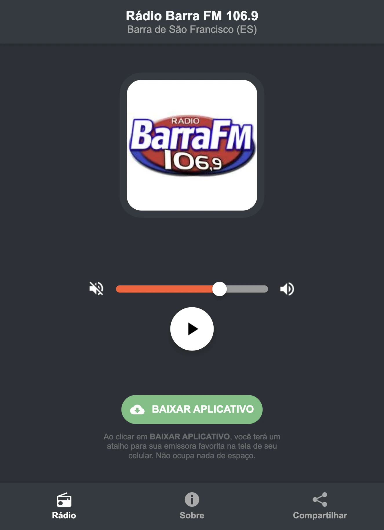 Screenshot do aplicativo da Rádio Barra FM 106.9