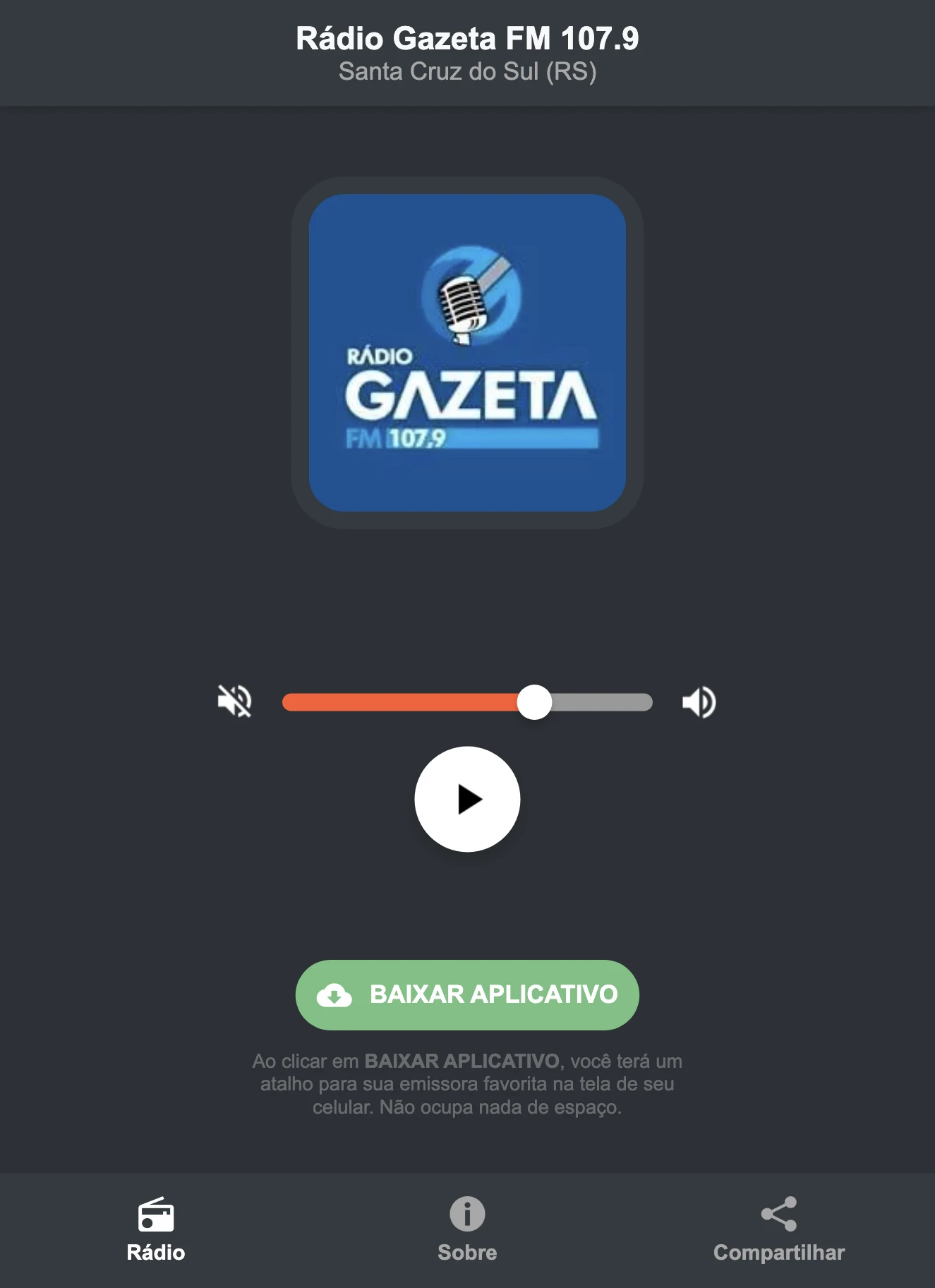Screenshot do aplicativo da Rádio Gazeta FM 107.9