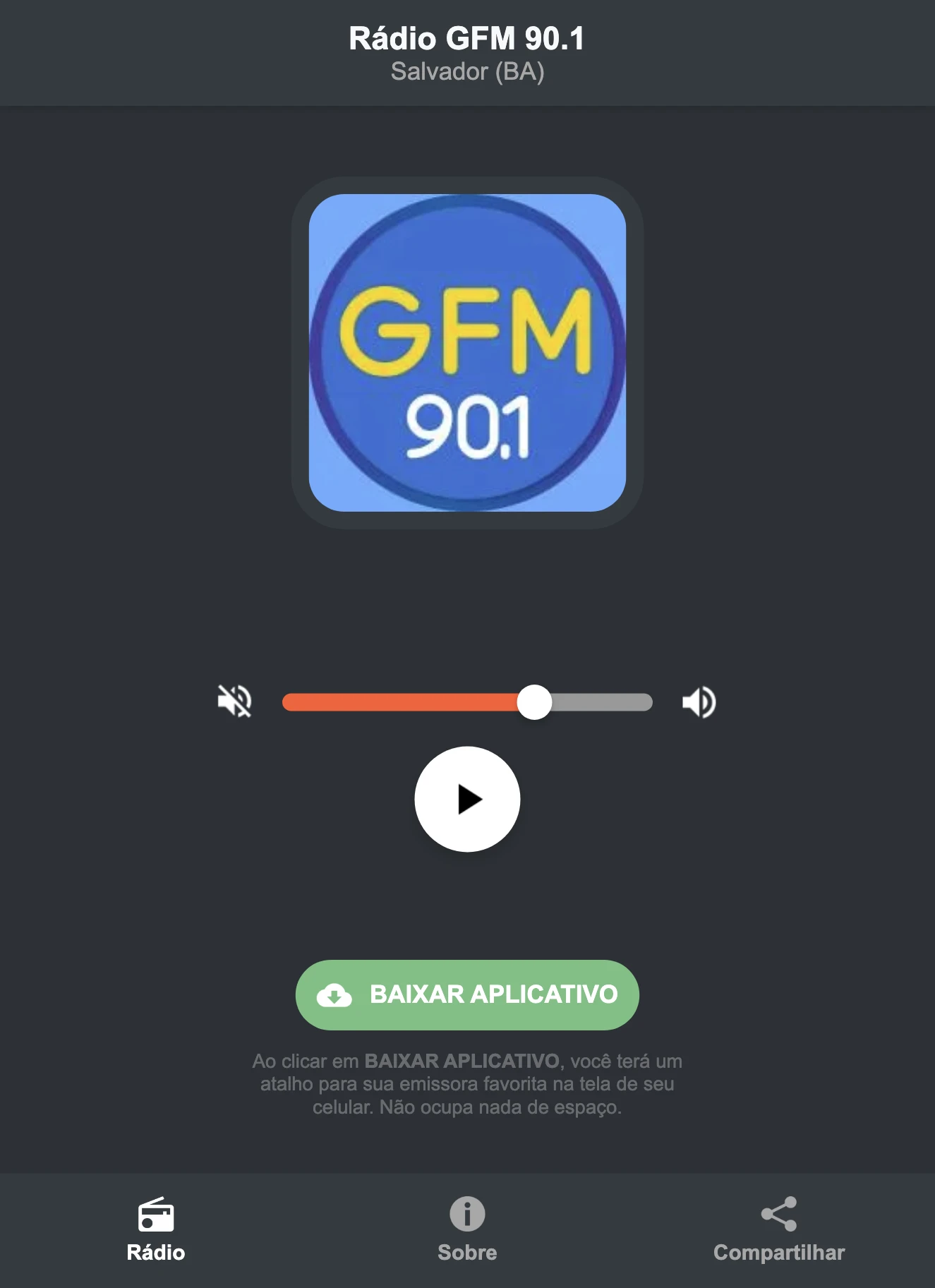 Screenshot do aplicativo da Rádio GFM 90.1
