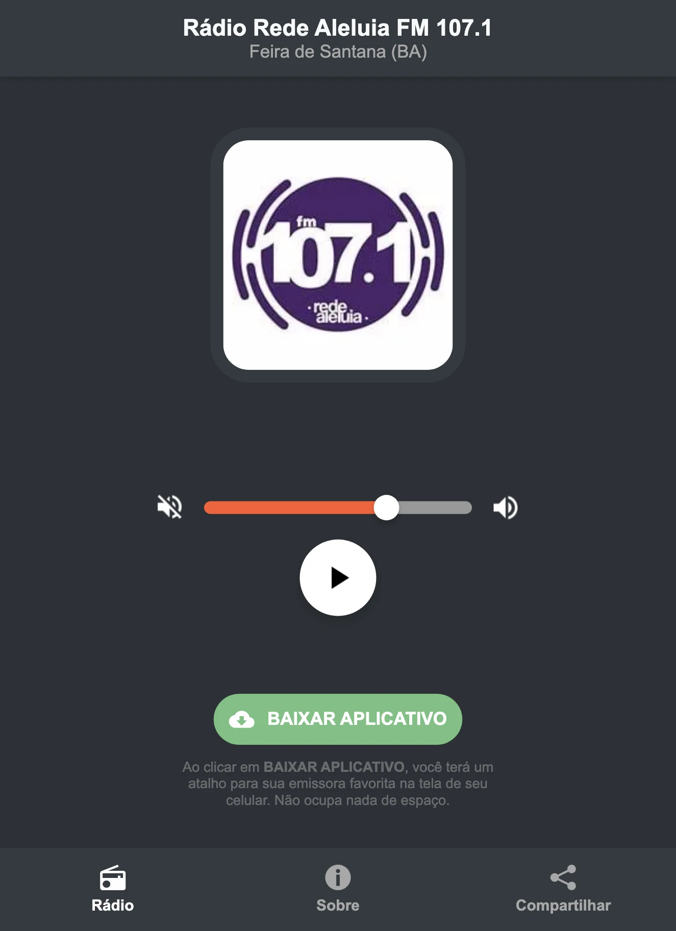 Screenshot do aplicativo da Rádio Rede Aleluia FM 107.1