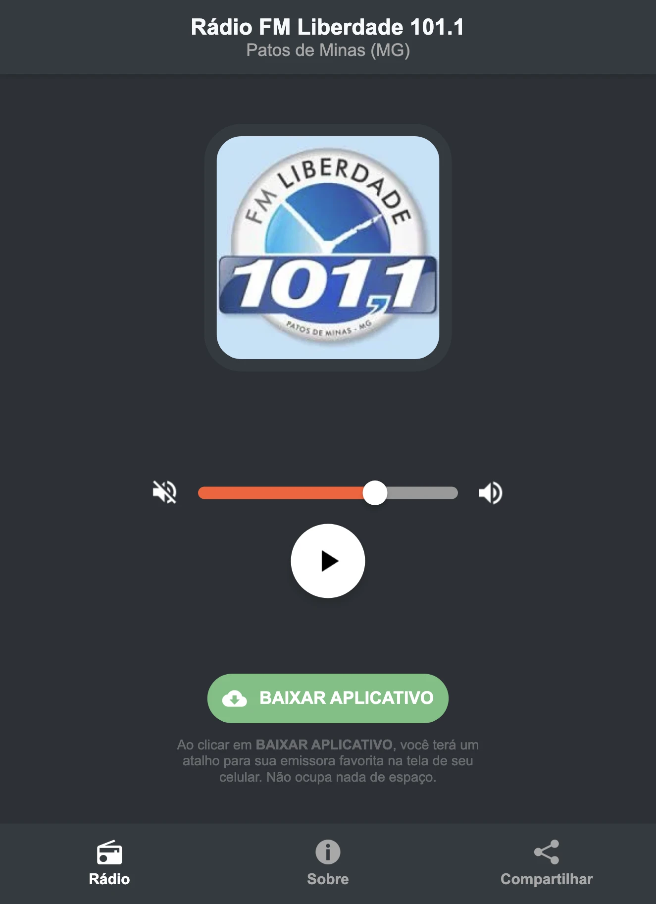 Screenshot do aplicativo da Rádio FM Liberdade 101.1