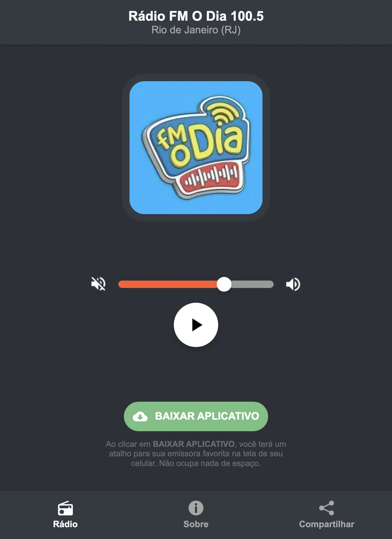 Screenshot do aplicativo da Rádio FM O Dia 100.5