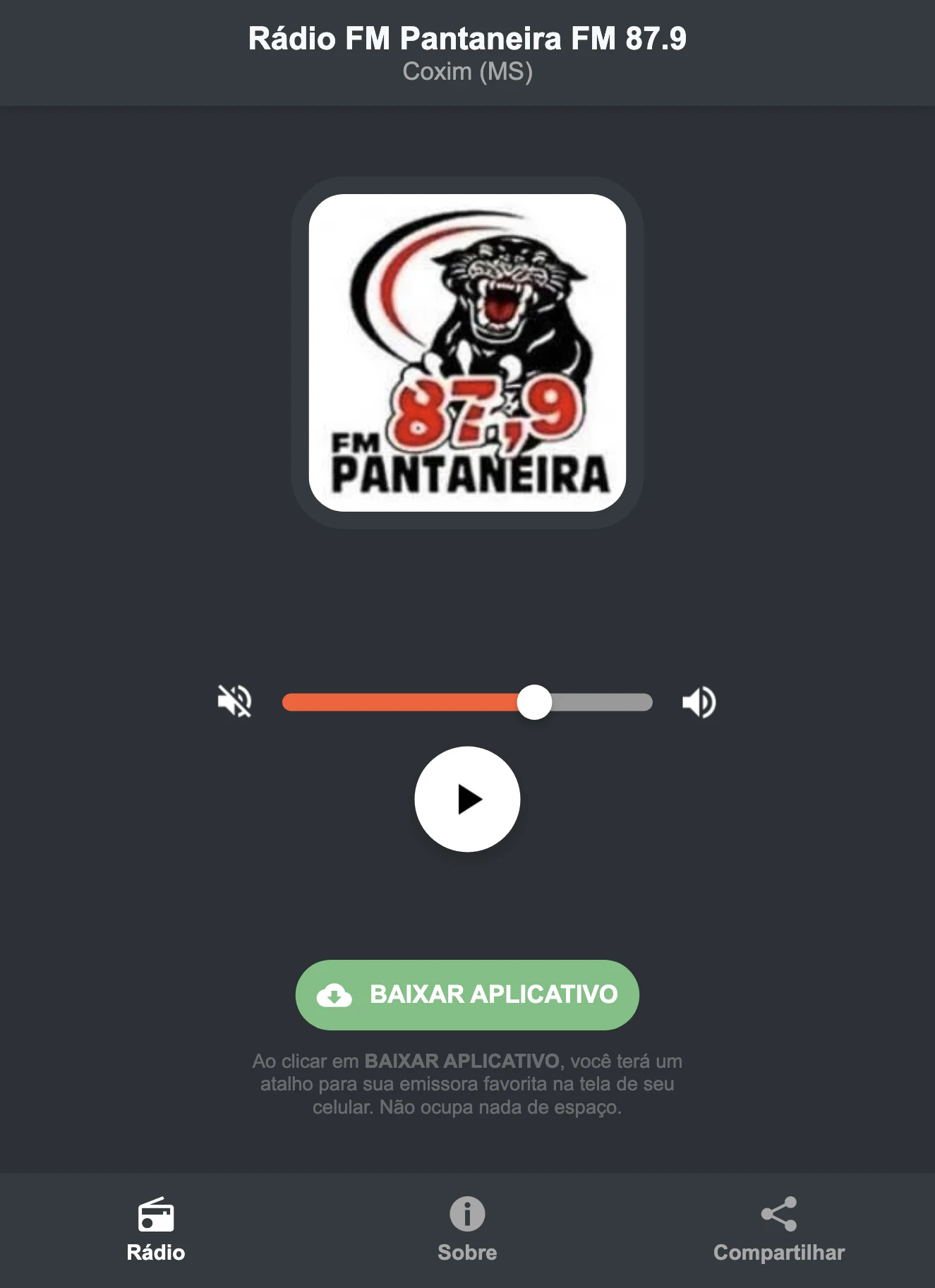 Screenshot do aplicativo da Rádio FM Pantaneira FM 87.9