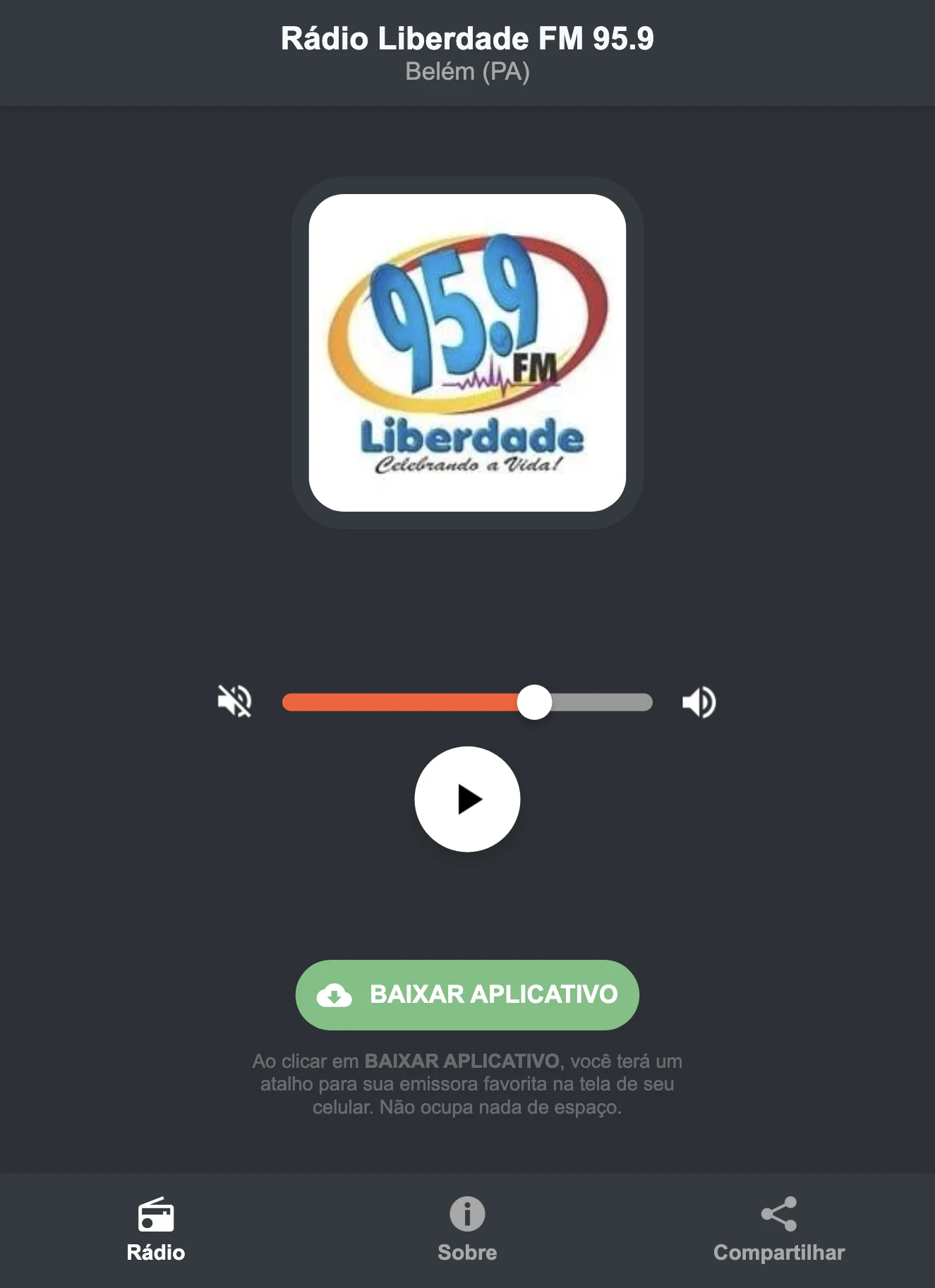 Screenshot do aplicativo da Rádio Liberdade FM 95.9