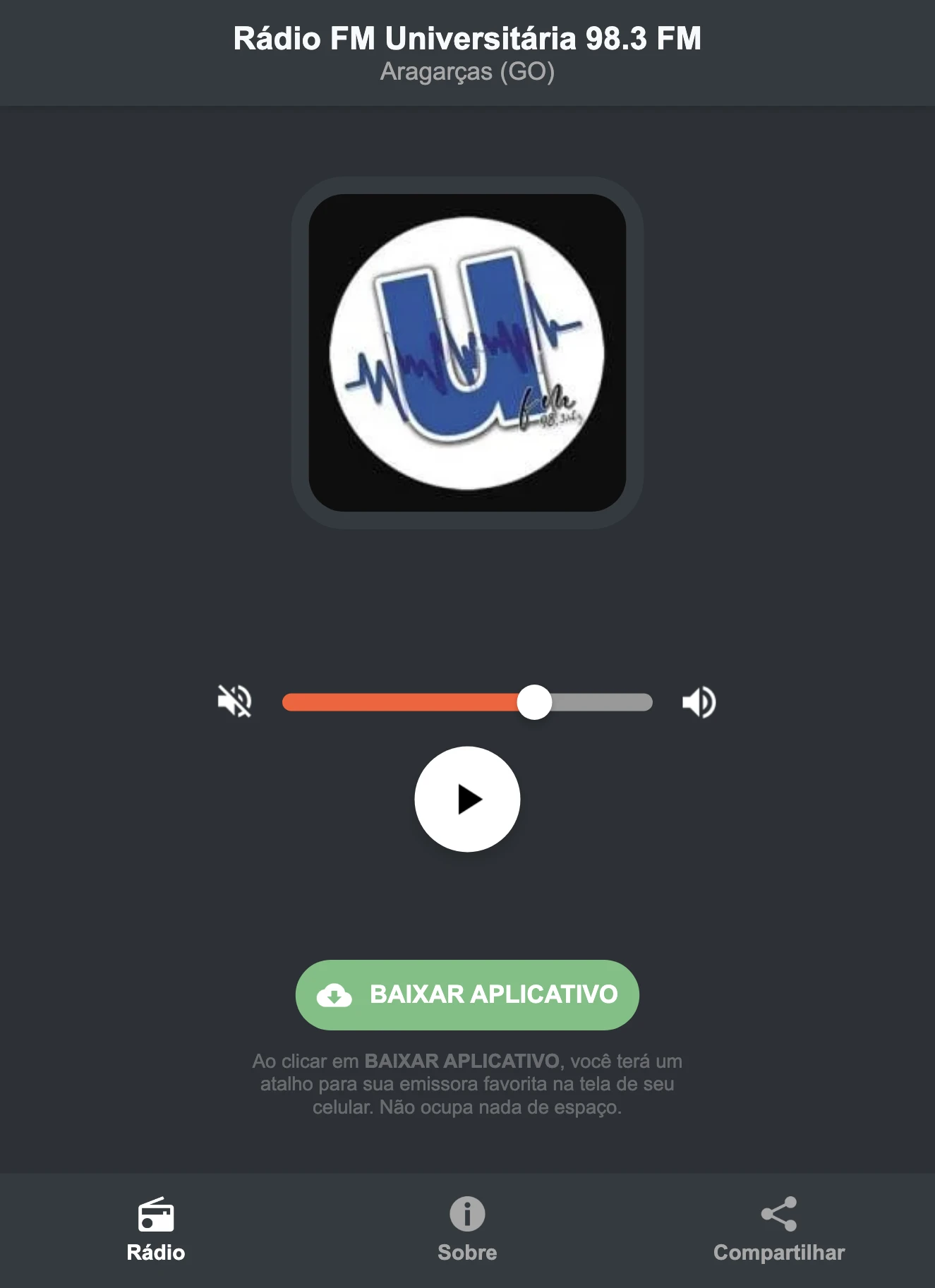 Screenshot do aplicativo da Rádio FM Universitária 98.3 FM