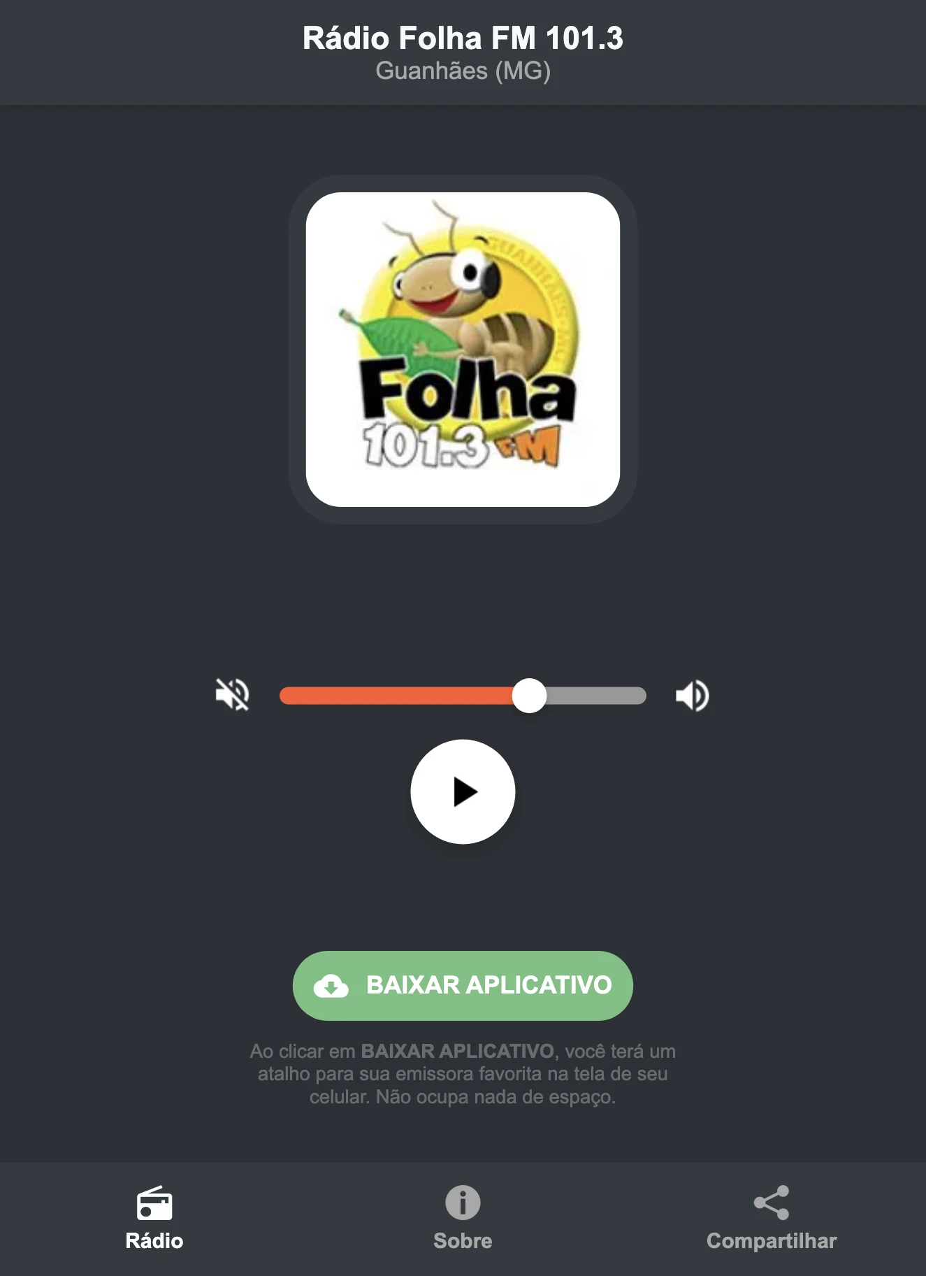 Screenshot do aplicativo da Rádio Folha FM 101.3
