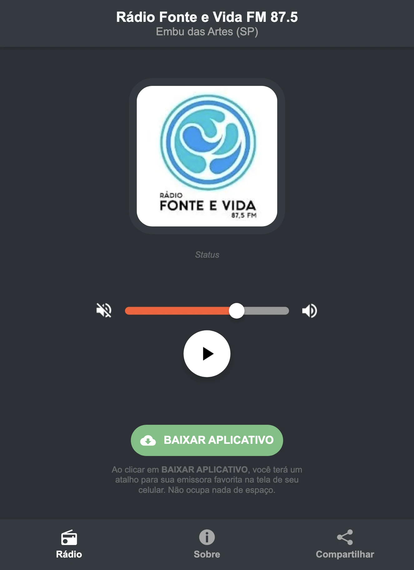 Screenshot do aplicativo da Rádio Fonte e Vida FM 87.5