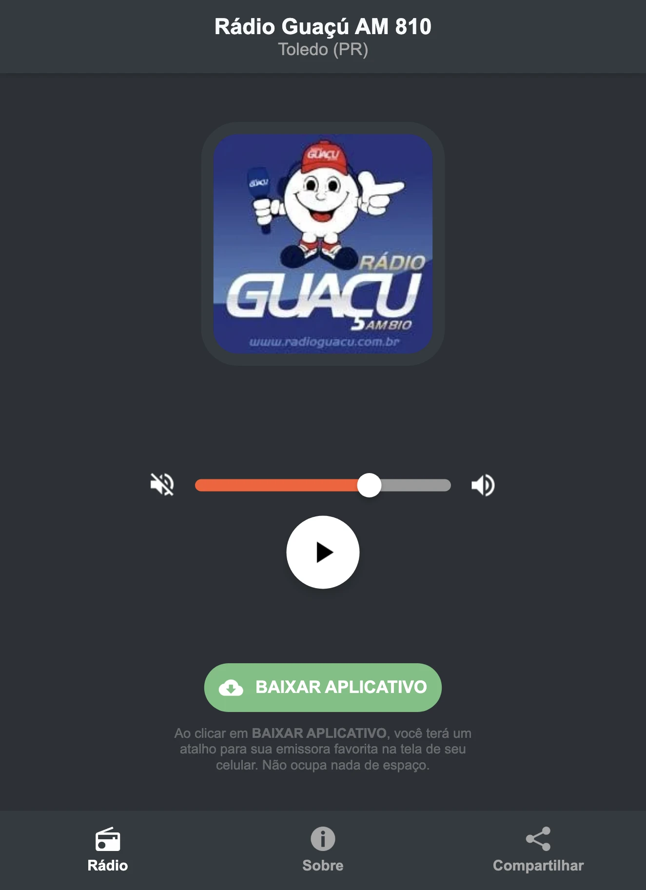 Screenshot do aplicativo da Rádio Guaçú AM 810