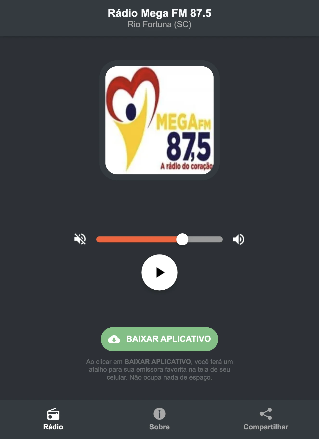 Screenshot do aplicativo da Rádio Mega FM 87.5