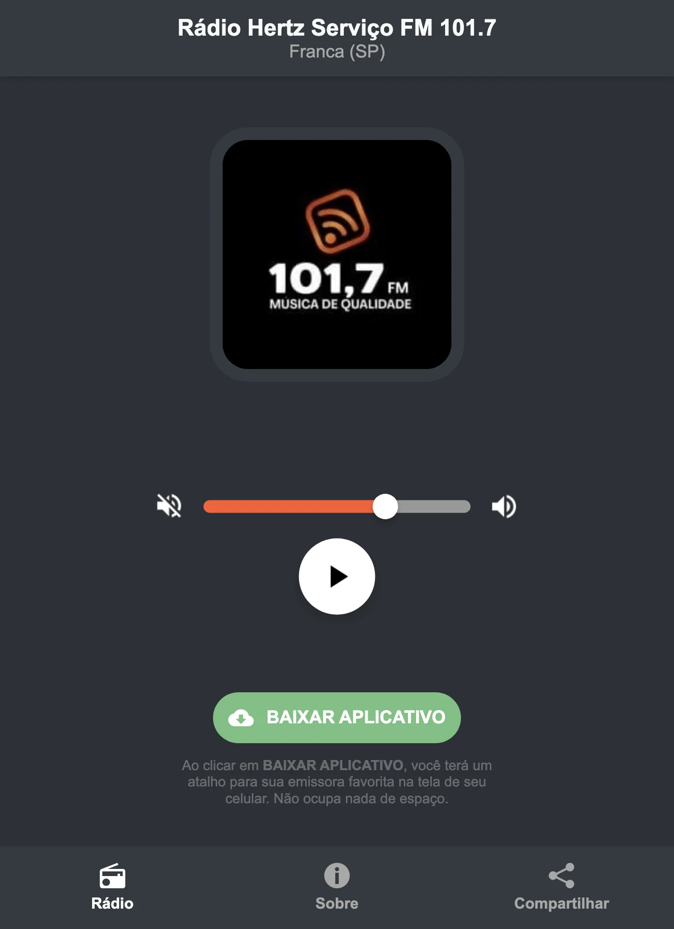Screenshot do aplicativo da Rádio Hertz Serviço FM 101.7