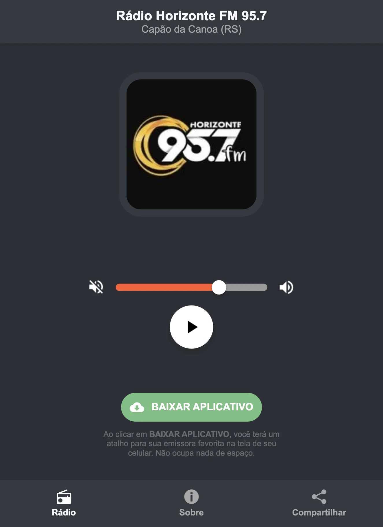Screenshot do aplicativo da Rádio Horizonte FM 95.7